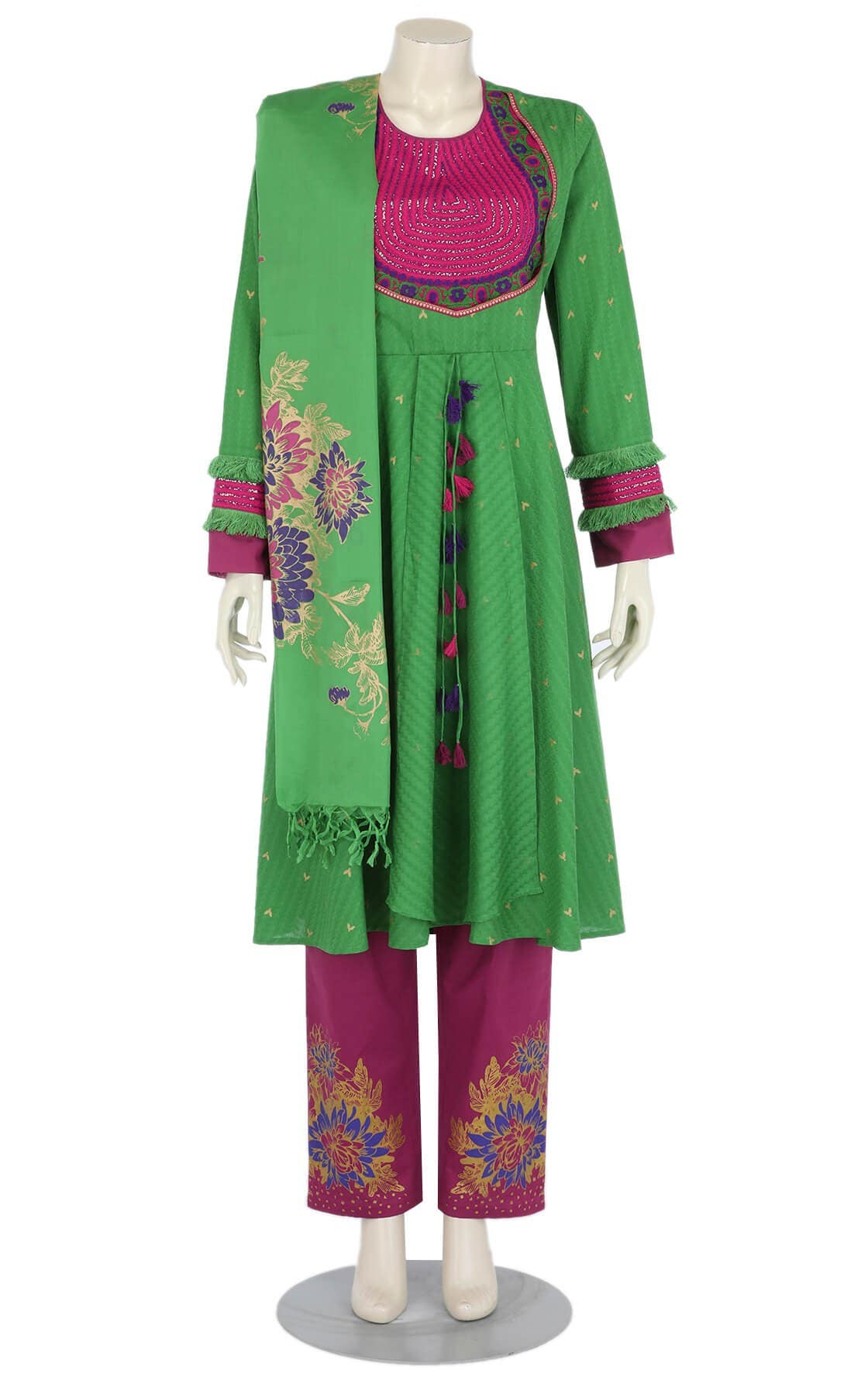 Green Printed and Embroidered Cotton Shalwar Kameez Set