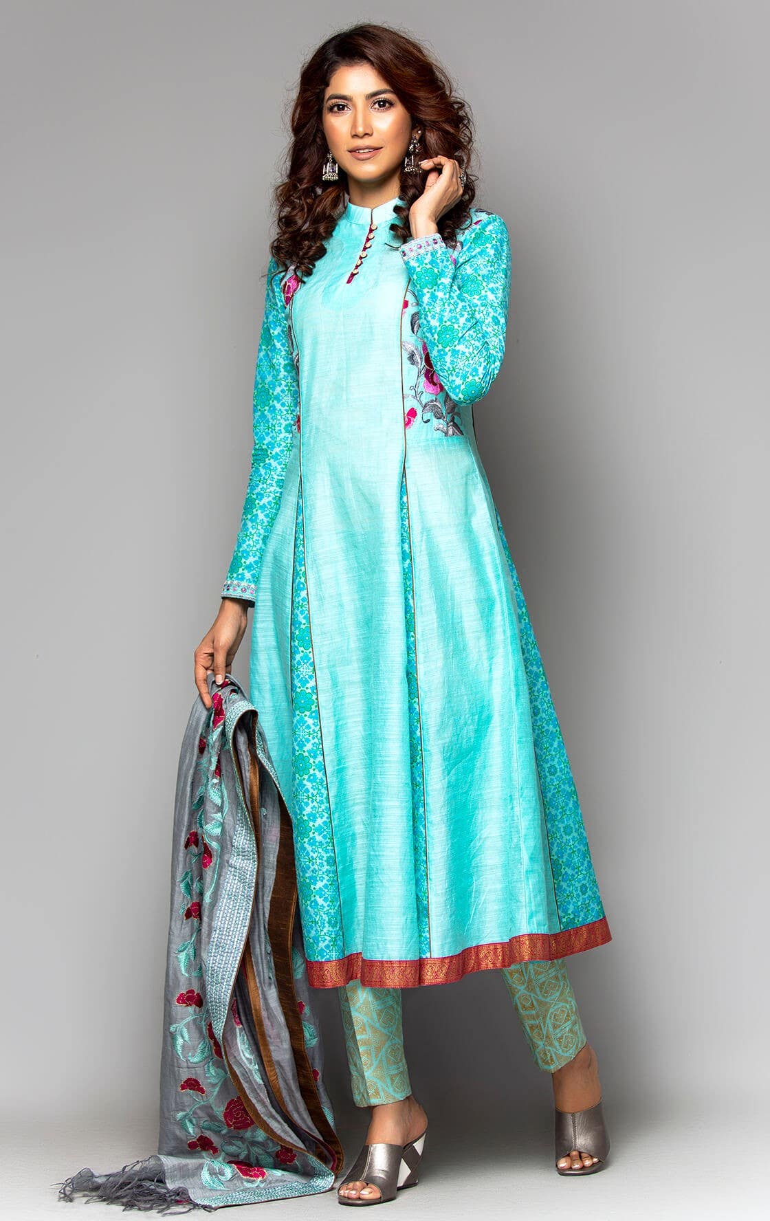 Turquoise Printed and Embroidered Muslin-Cotton Shalwar Kameez Set
