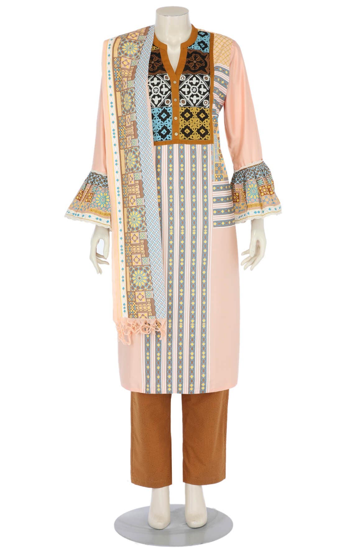 Peach Printed and Embroidered Viscose-Cotton Shalwar Kameez Set