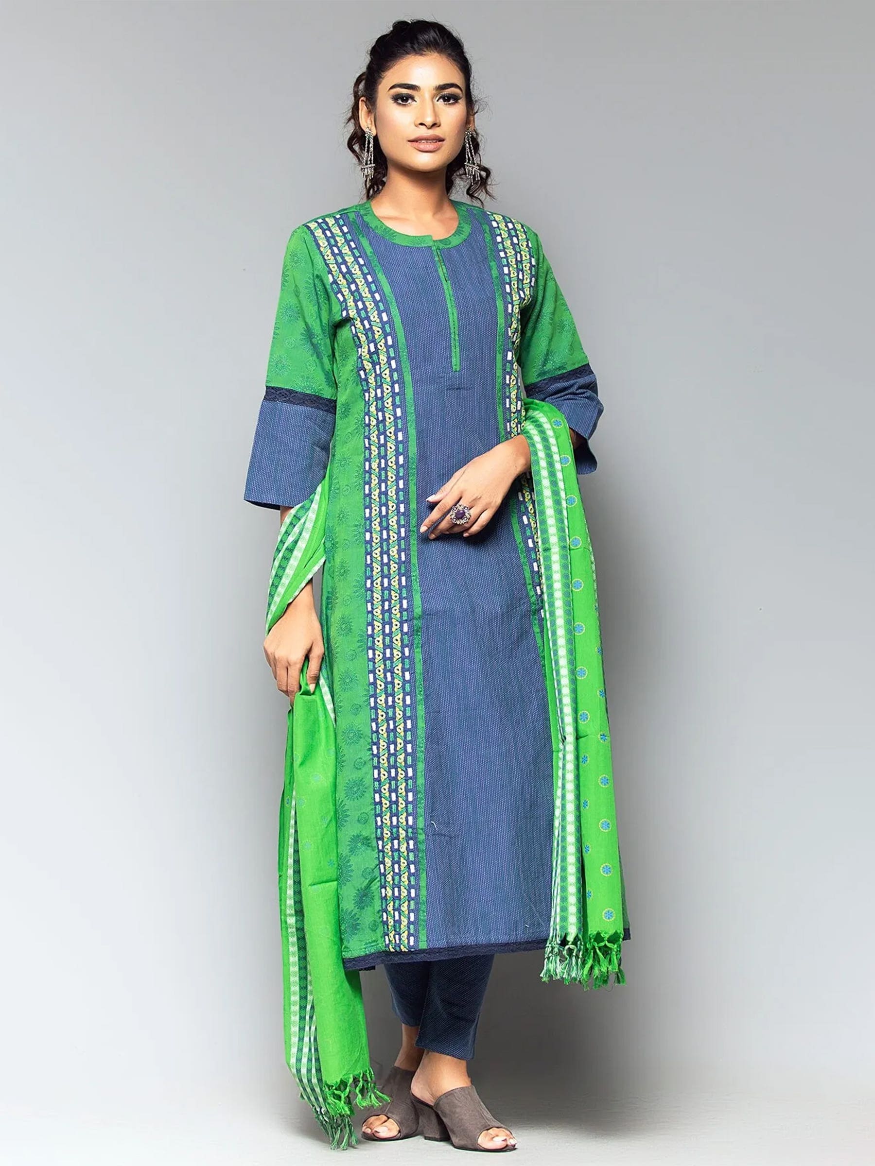 Blue Printed and Embroidered Cotton Shalwar Kameez Set