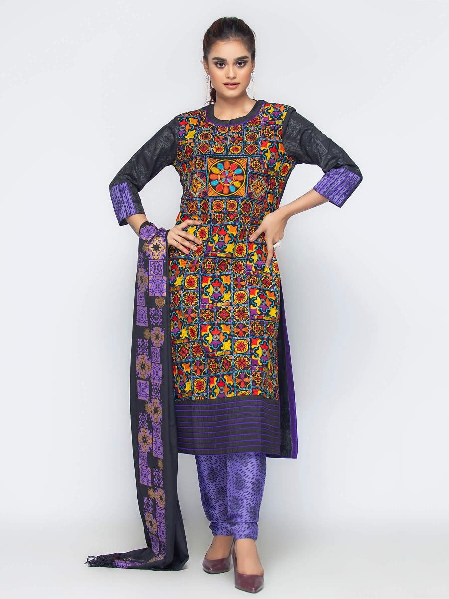 Black Printed and Embroidered Viscose-Cotton Shalwar Kameez Set