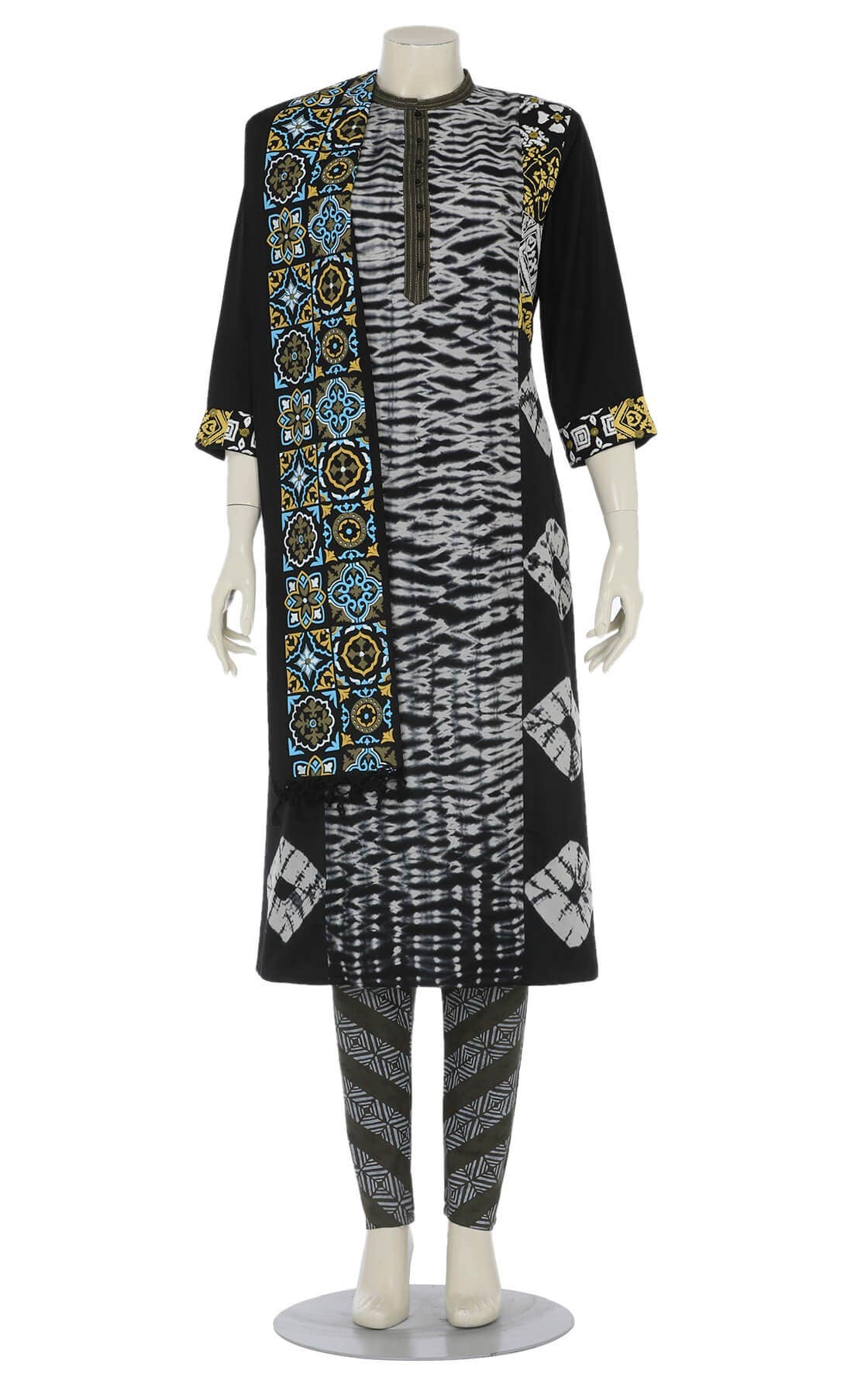 Black Tie-Dyed, Printed and Embroidered Viscose-Cotton Shalwar Kameez Set