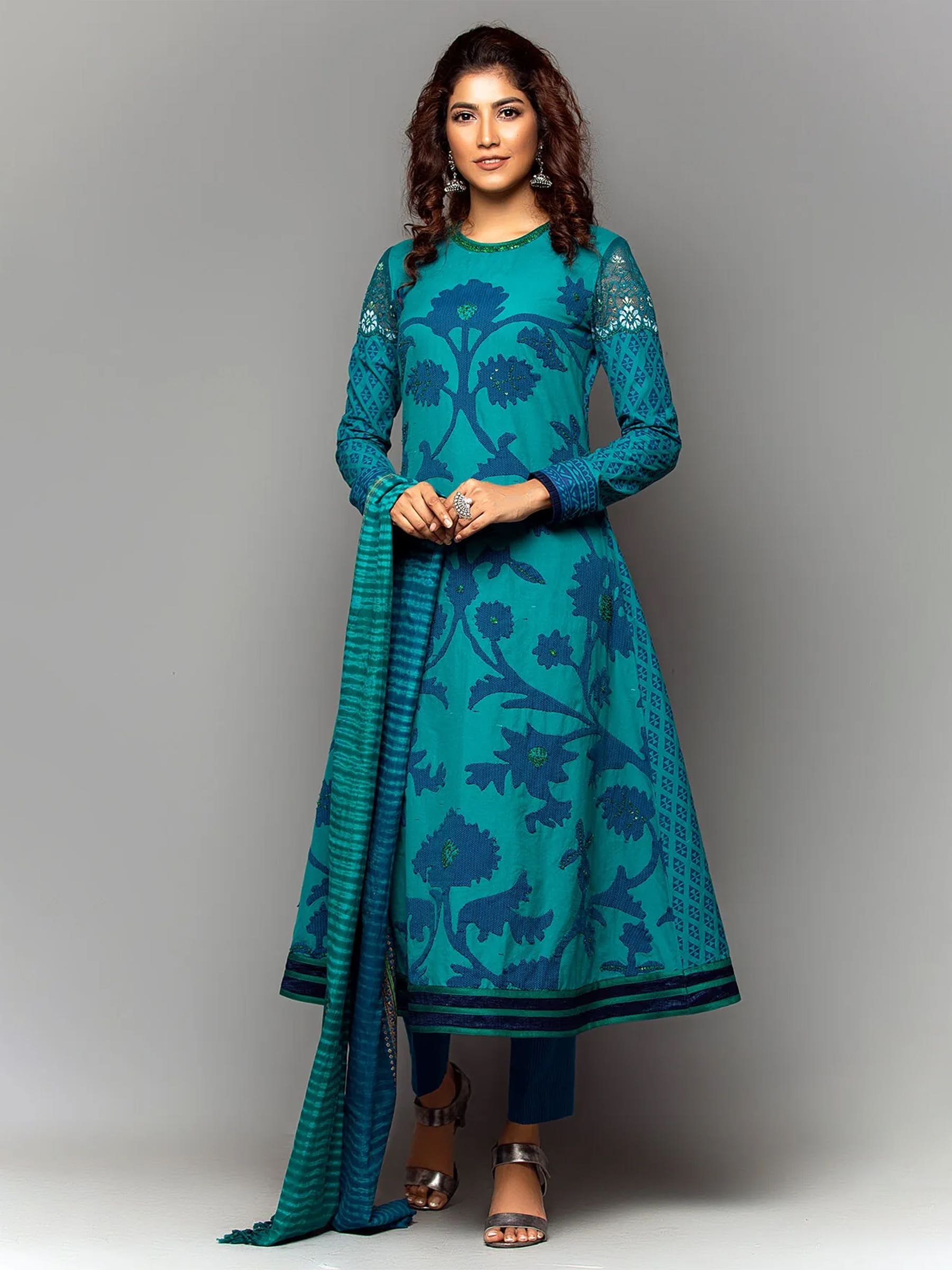 Light Teal Printed and Appliqued Hand Loomed Cotton Shalwar Kameez Set