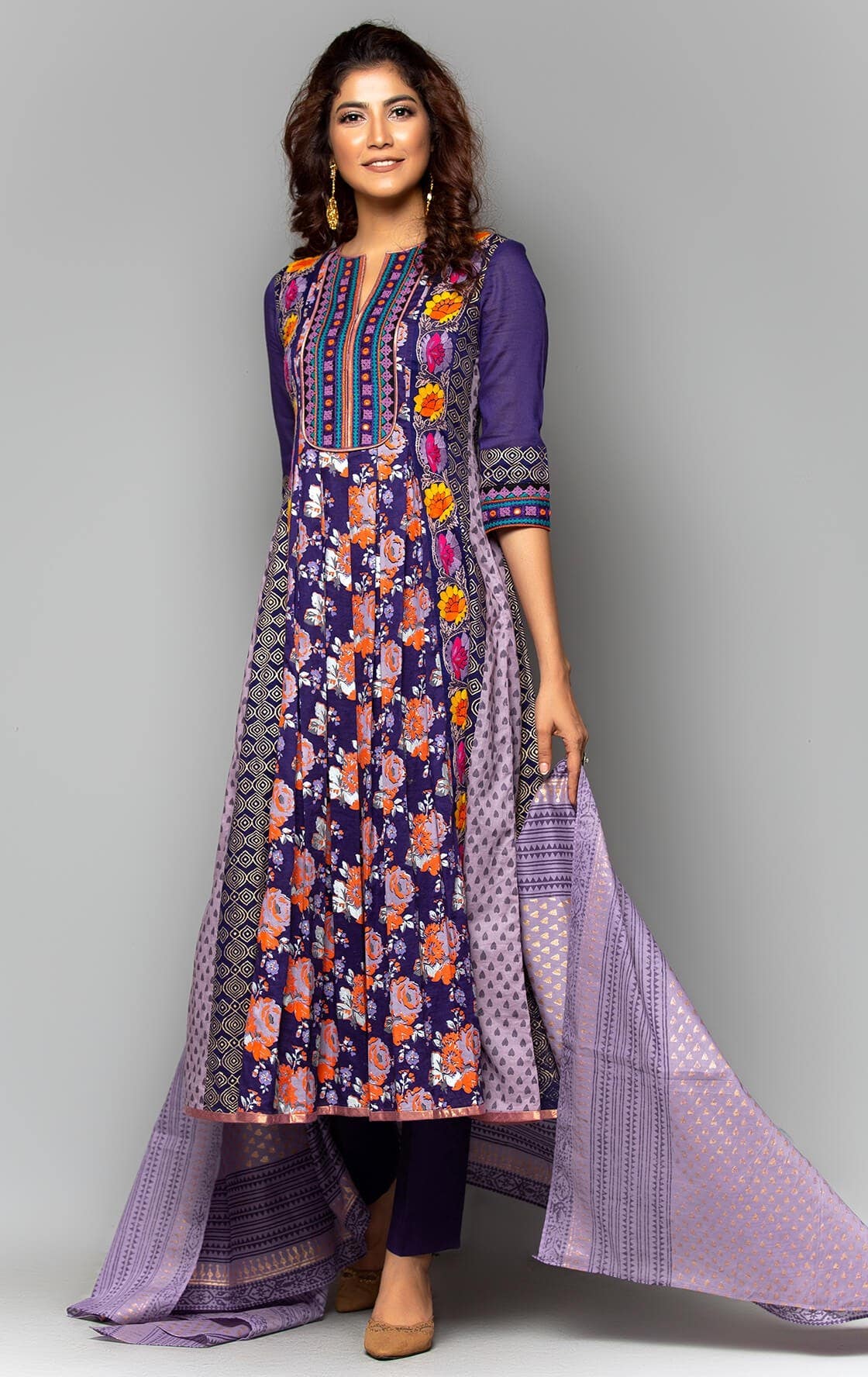 Purple Printed and Embroidered Voile Shalwar Kameez Set