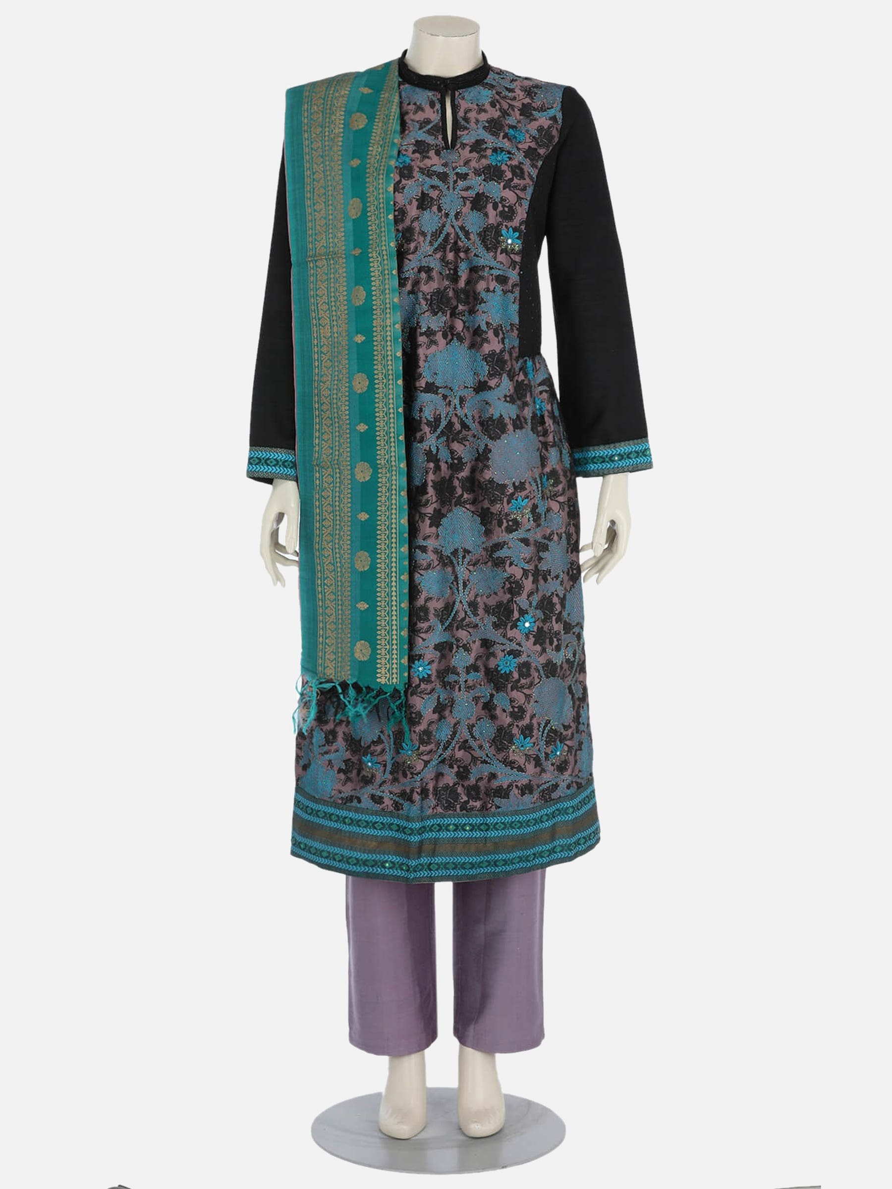 Mauve Printed and Embroidered Silk Shalwar Kameez Set