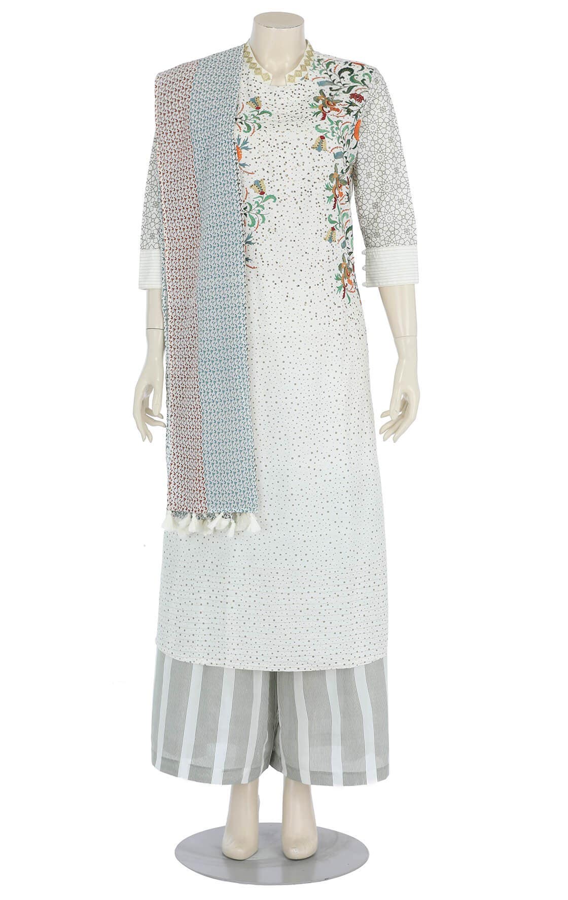 White Printed and Embroidered Joysree Silk Shalwar Kameez Set