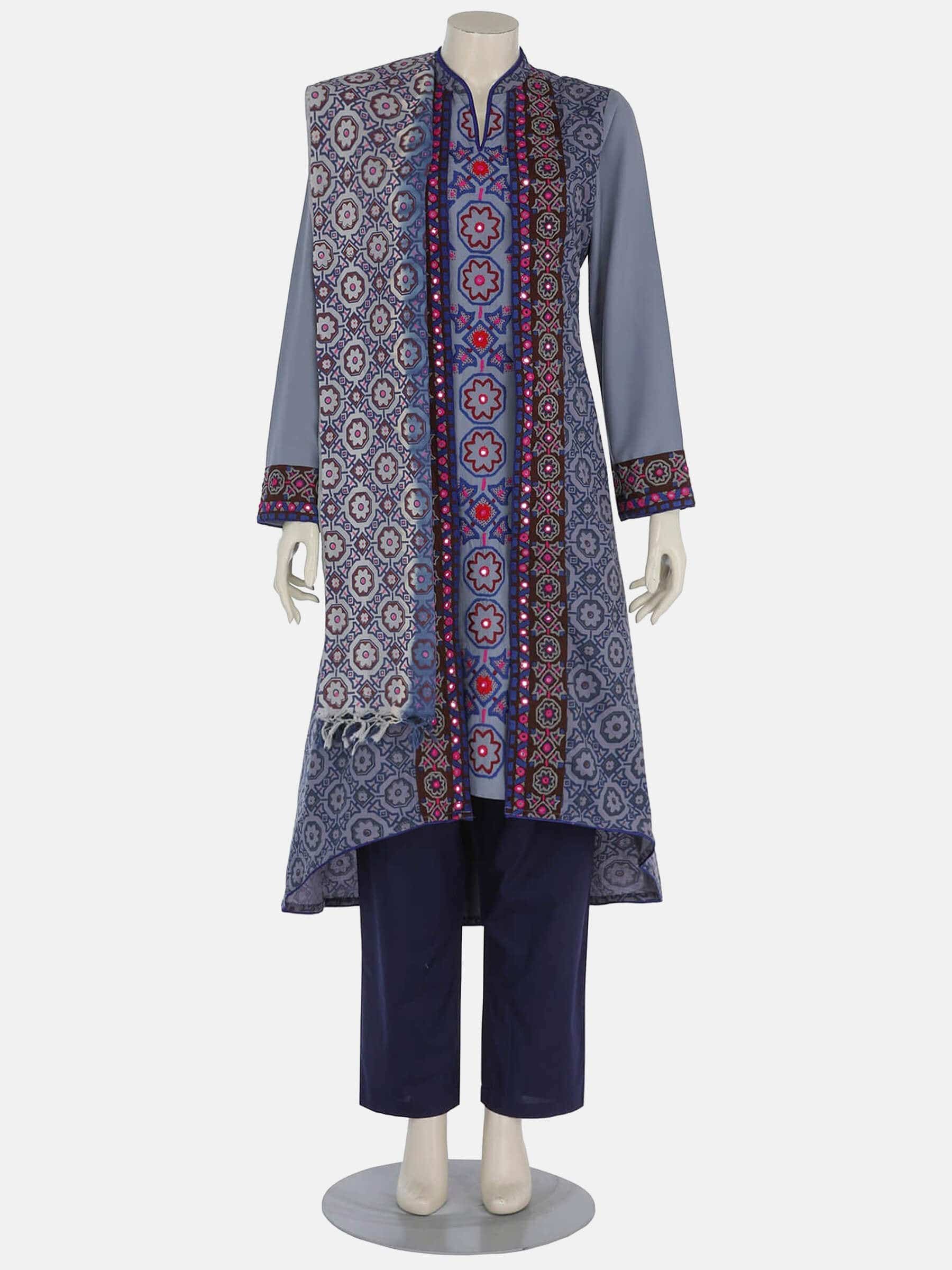 Blue Grey Printed and Embroidered Cashmilon Shalwar Kameez Set
