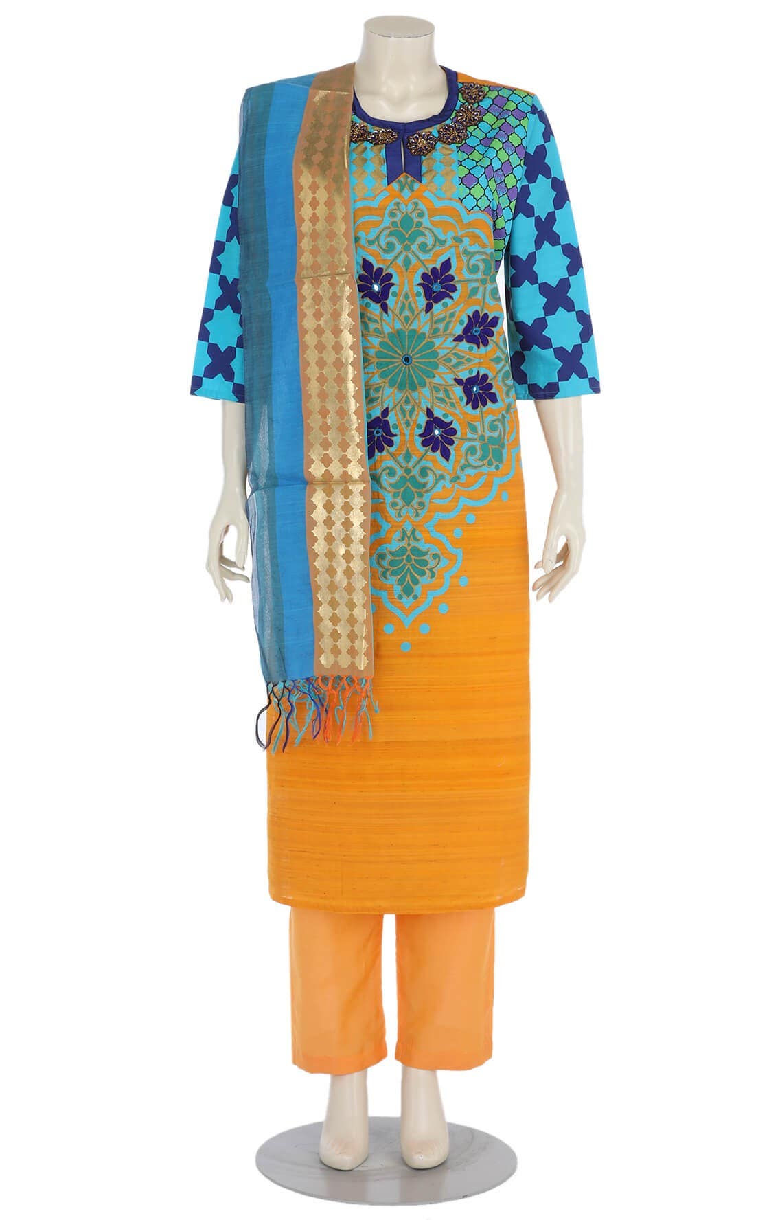 Yellow Printed and Embroidered Silk-Synthetic Shalwar kameez Set