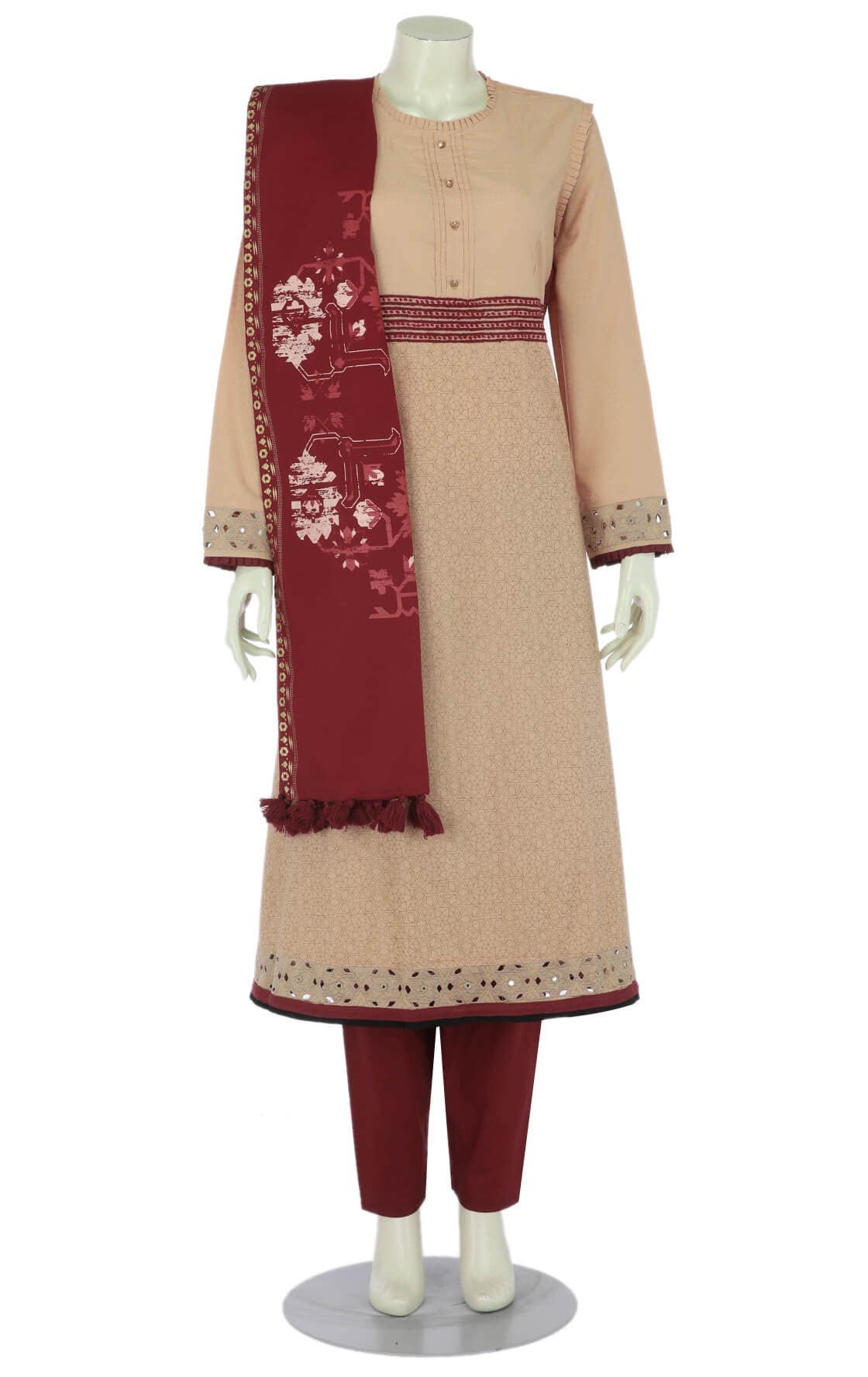 Peach Printed and Embroidered Viscose-Cotton Shalwar Kameez Set