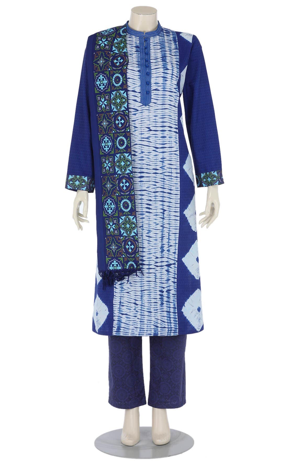 Blue Tie-Dyed and Printed Viscose-Cotton Shalwar Kameez Set