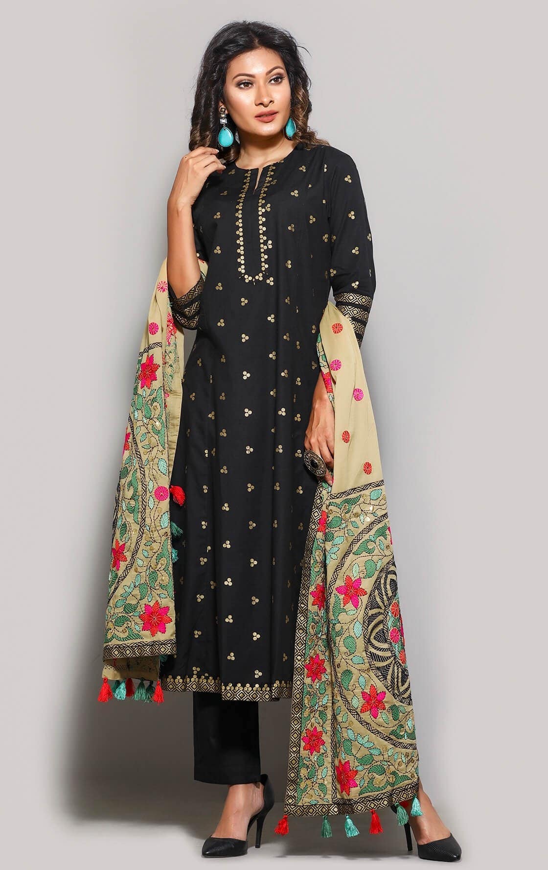 Black Printed and Embroidered Viscose-Cotton Shalwar Kameez Set