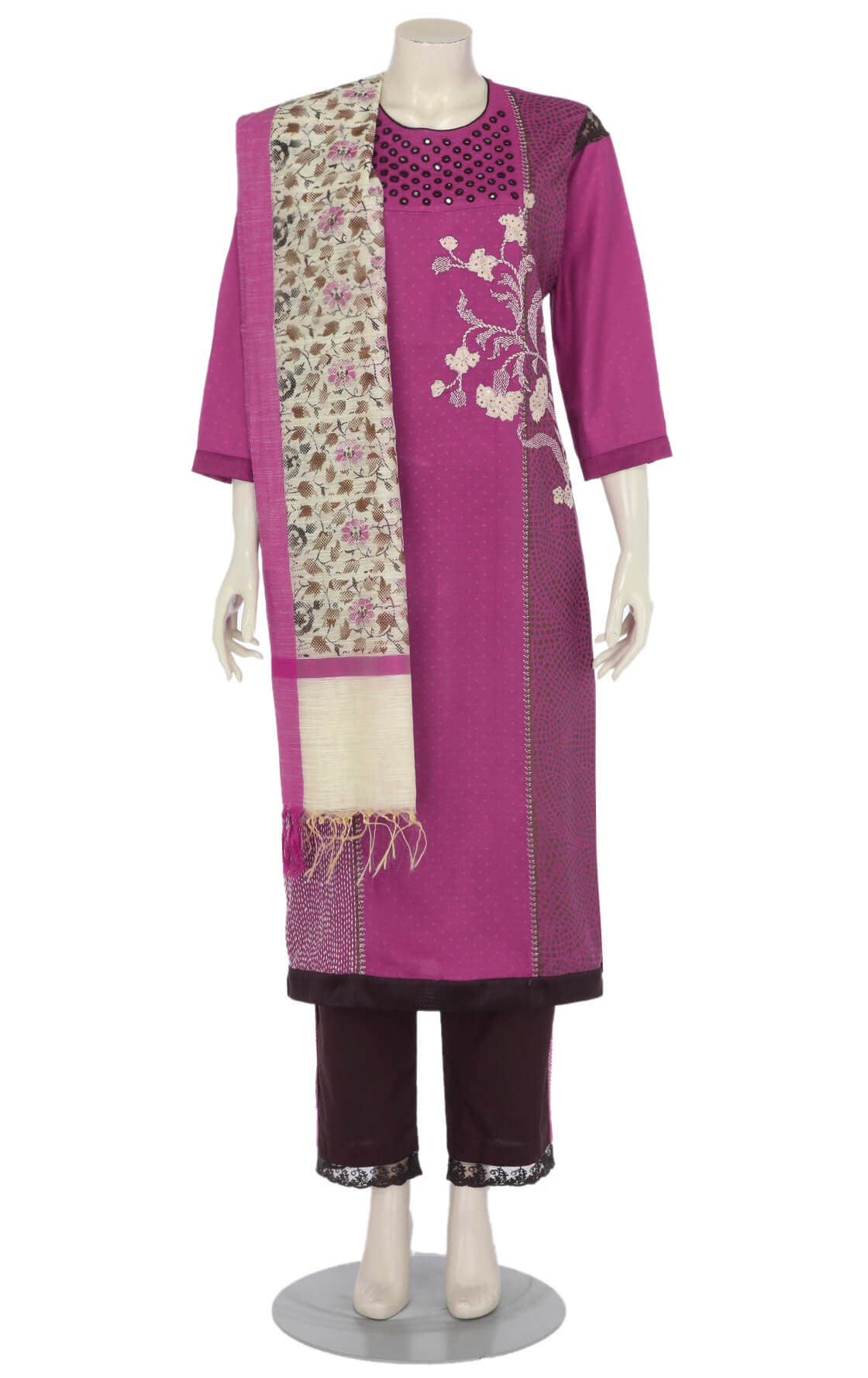 Pink Dual Tone Printed and Embroidered Viscose Rayon Shalwar Kameez Set