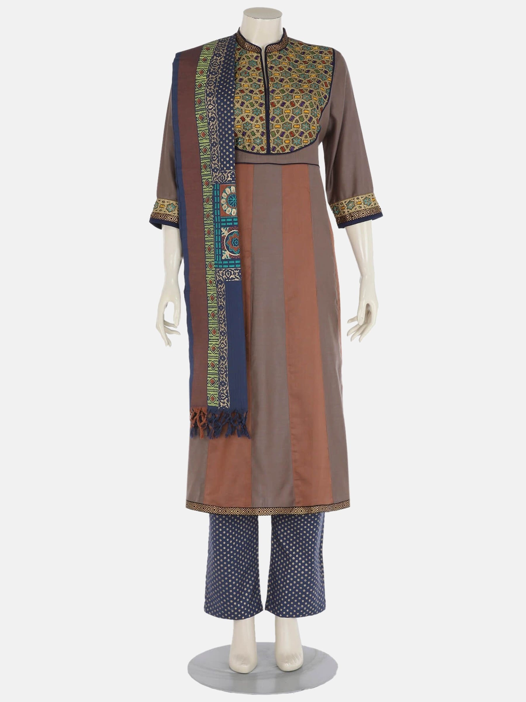 Brown Dual Tone Printed and Embroidered Viscose-Cotton Shalwar Kameez Set