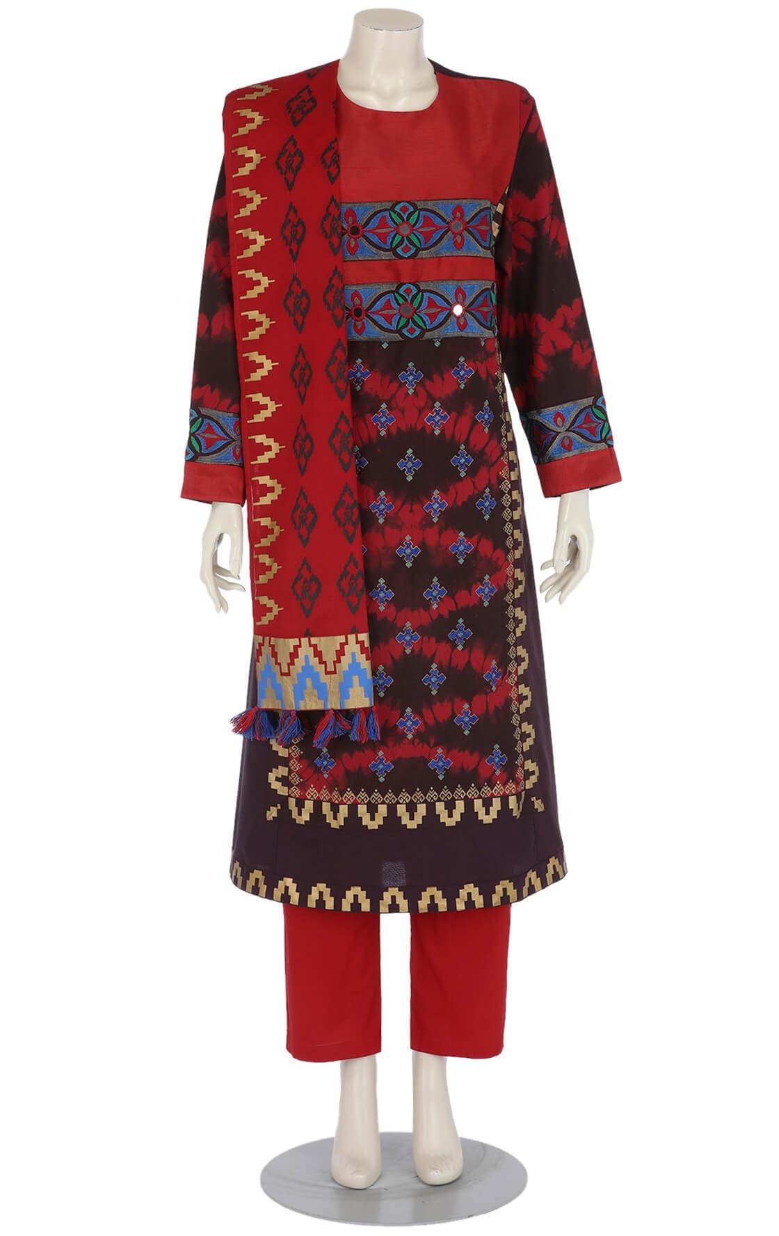 Red Tie-Dyed, Printed and Embroidered Viscose-Cotton Shalwar Kameez Set