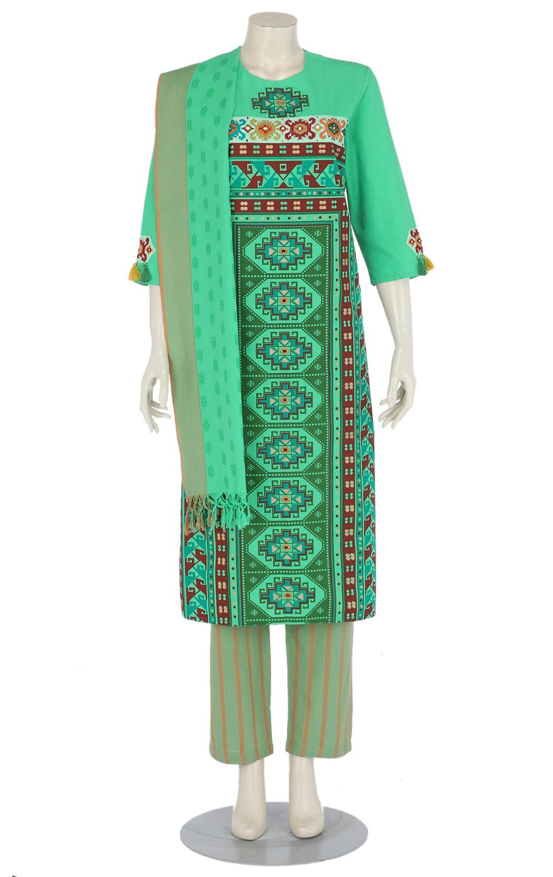 Light Green Printed and Embroidered Hand Loomed Cotton Shalwar Kameez Set