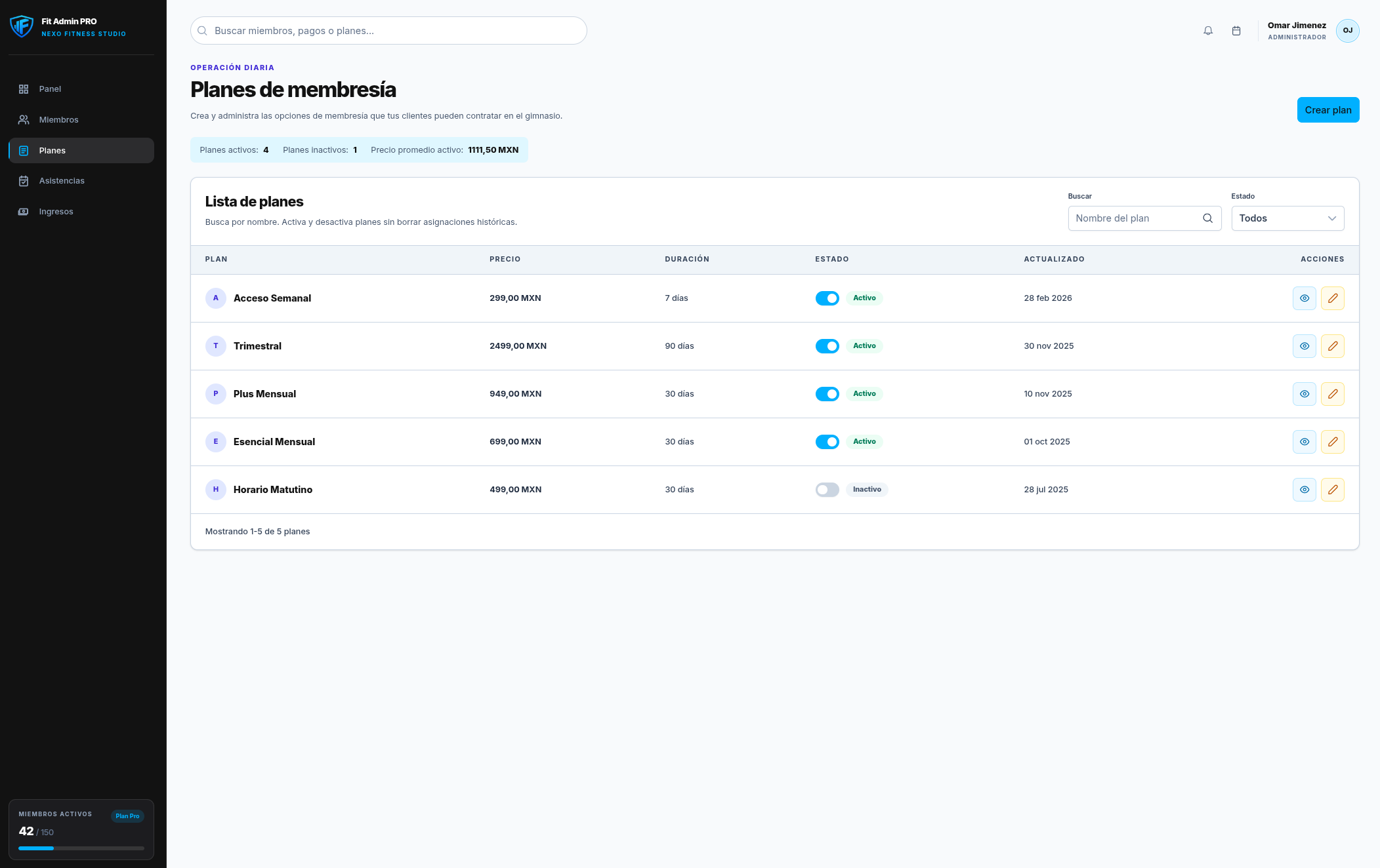 Tipos de membresía y vigencias en Fit Admin PRO