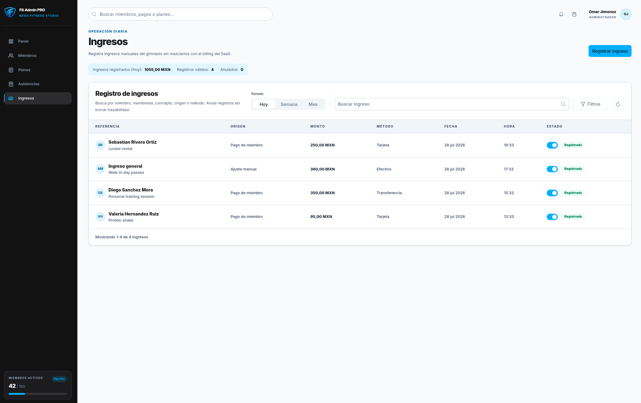 Historial de ingresos registrados manualmente en Fit Admin PRO