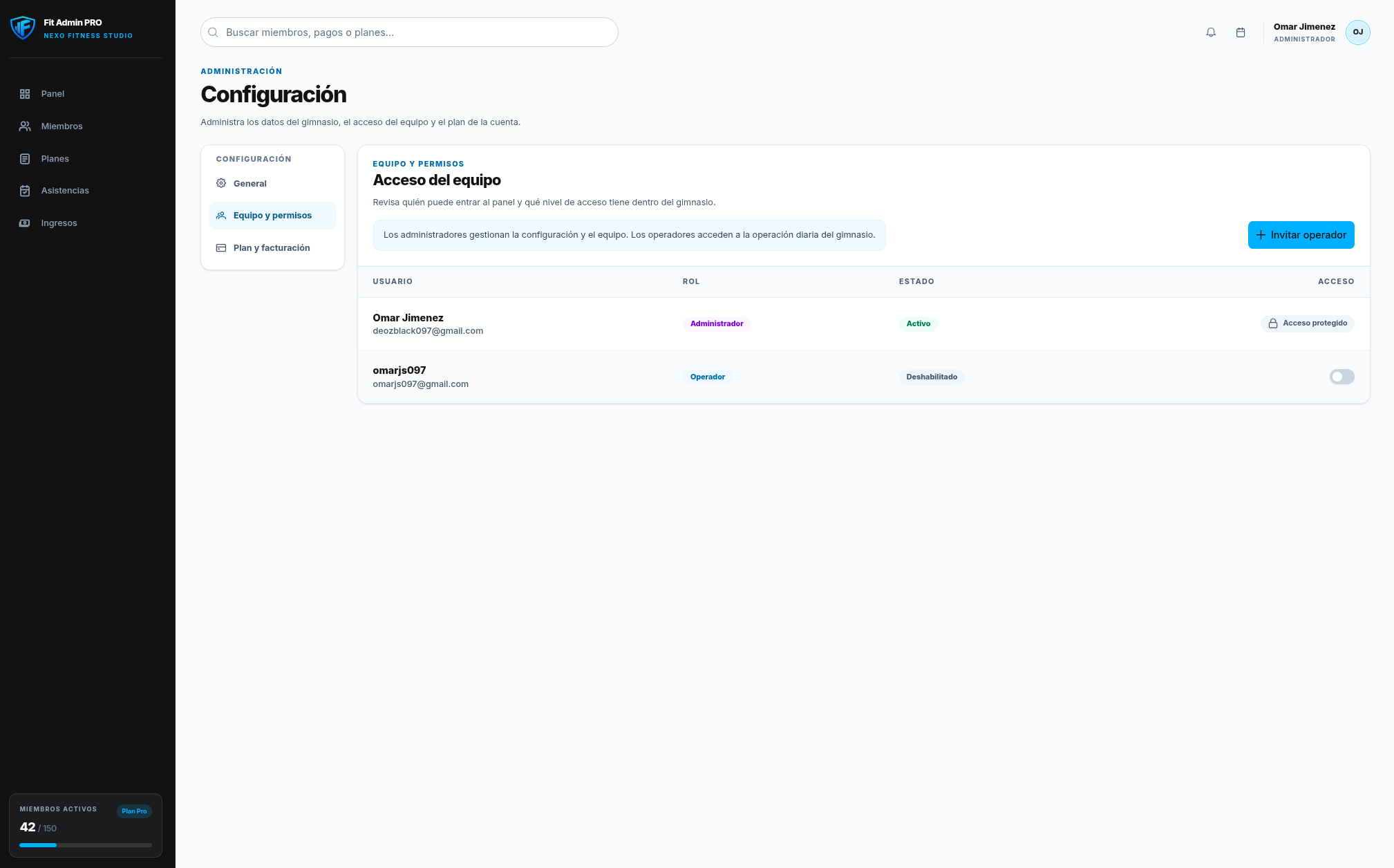 Configuración general del gimnasio en Fit Admin PRO