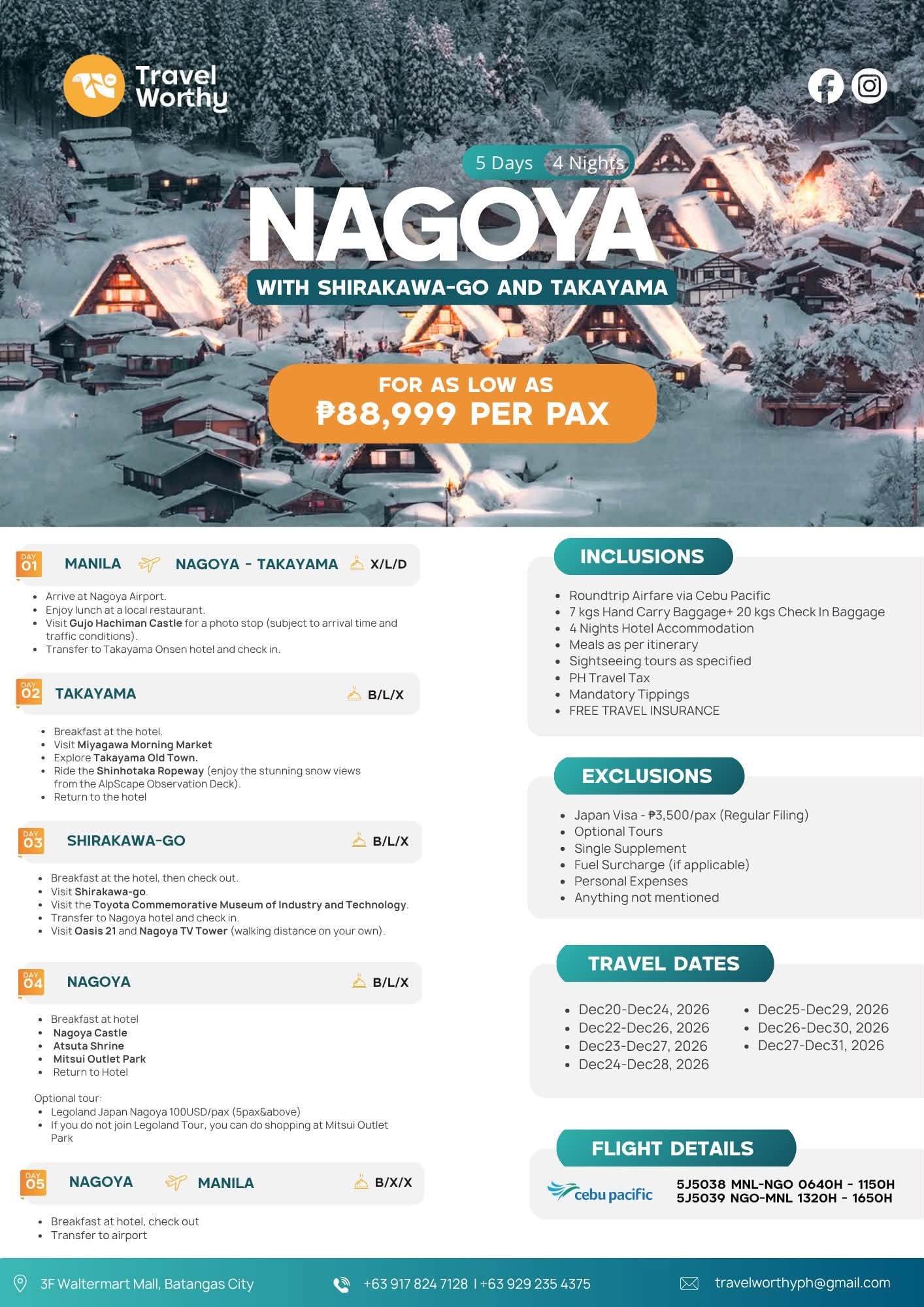 5D 4N Nagoya with Shirakawa-Go and Takayama flier