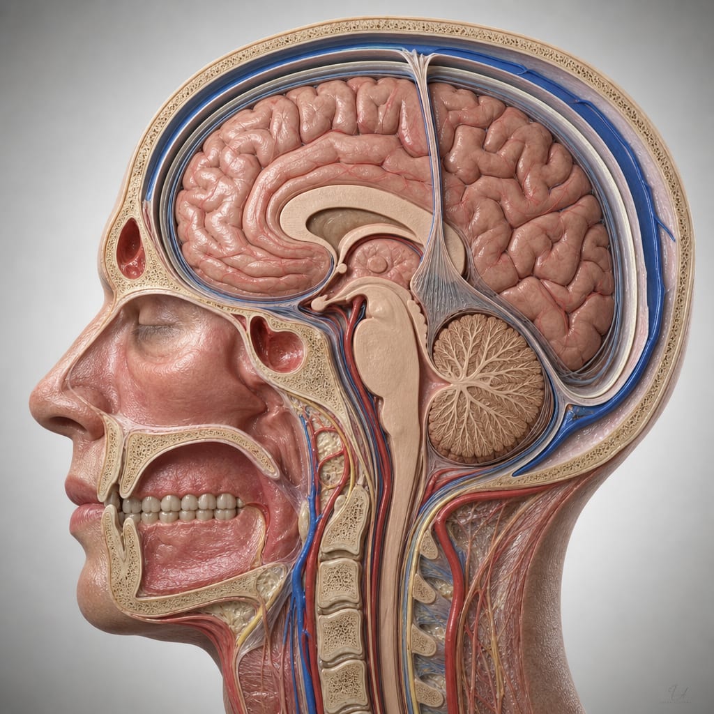 Coupe sagittale de la tête : os du crâne, méninges, sinus sagittal supérieur, cerveau, cervelet, tronc cérébral