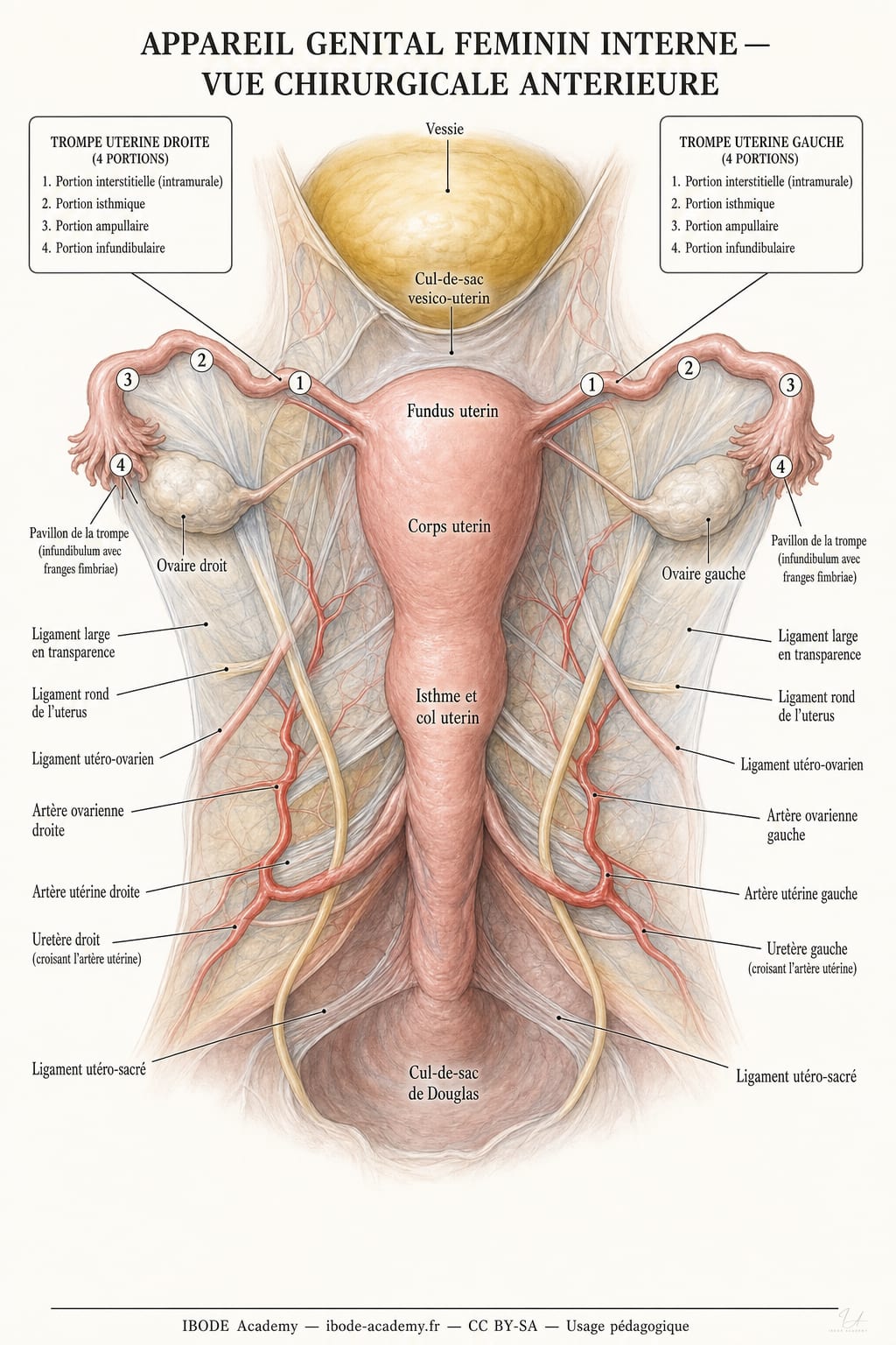 Appareil génital féminin interne — utérus, trompes (4 portions), ovaires, ligaments, vascularisation