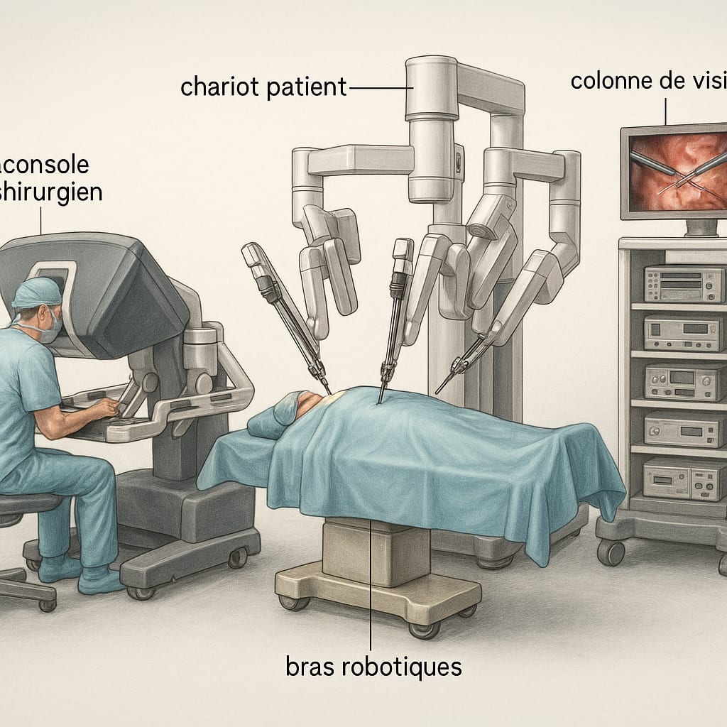 Système Da Vinci en salle d'opération : console chirurgien, chariot patient à 4 bras et tour vision