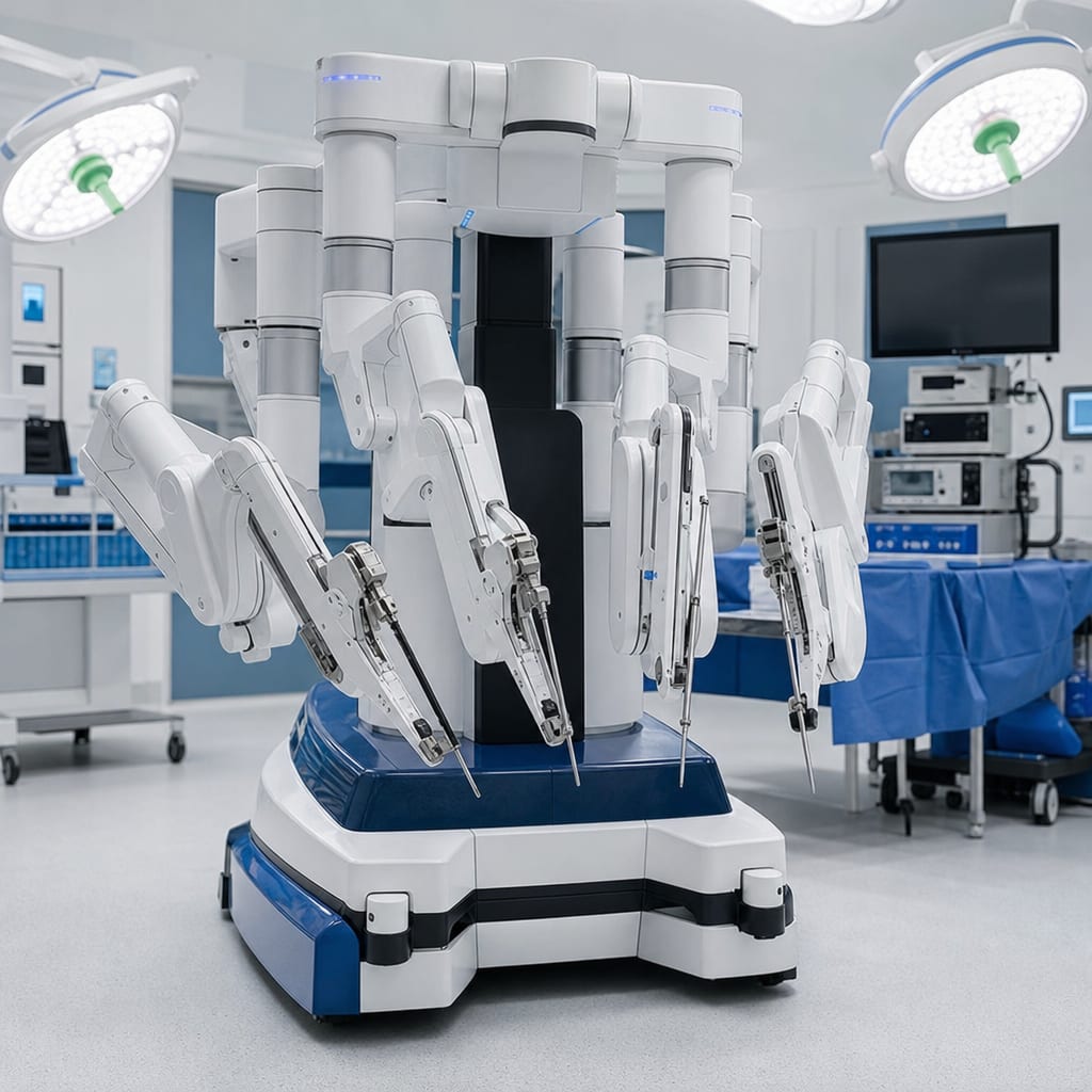 Trois composants Da Vinci : console chirurgien, chariot patient à 4 bras, tour vision