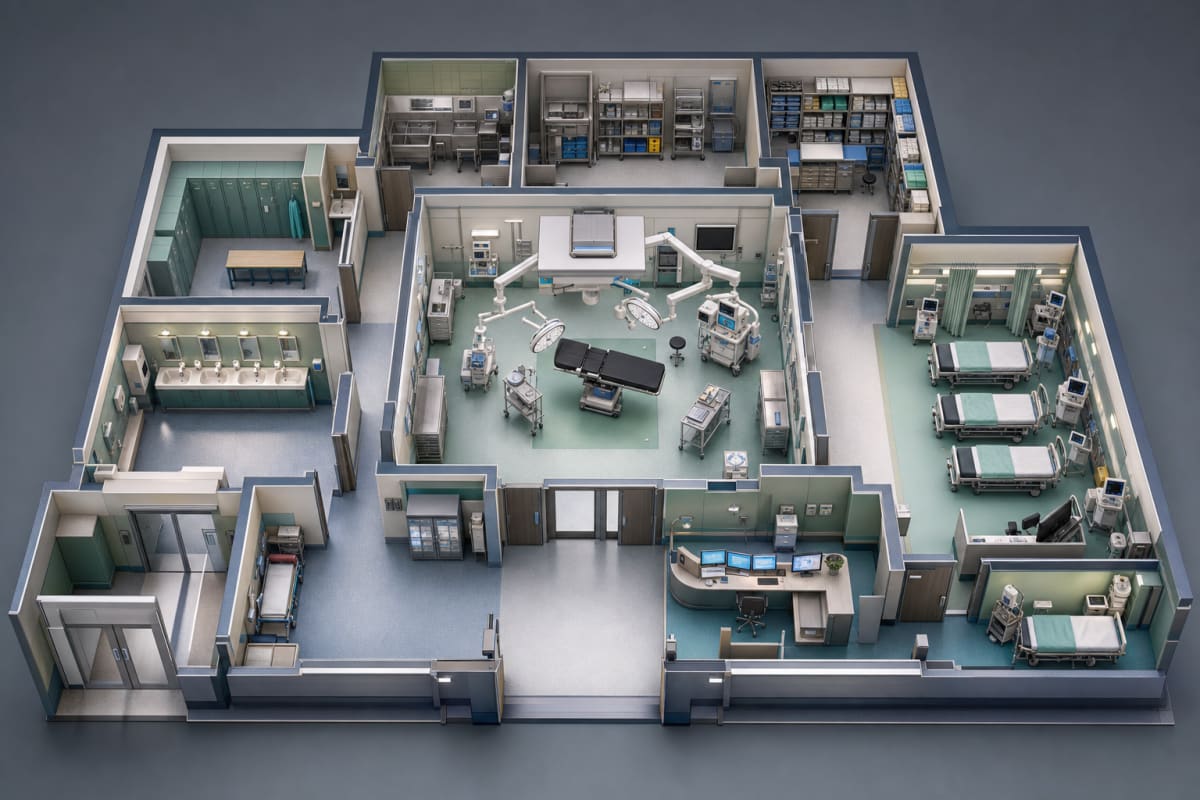 Illustration isométrique d'un bloc opératoire complet : salle d'intervention centrale, salle de surveillance post-interventionnelle, arsenal stérile, vestiaires, zone de lavage chirurgical, sas patient et poste de coordination.