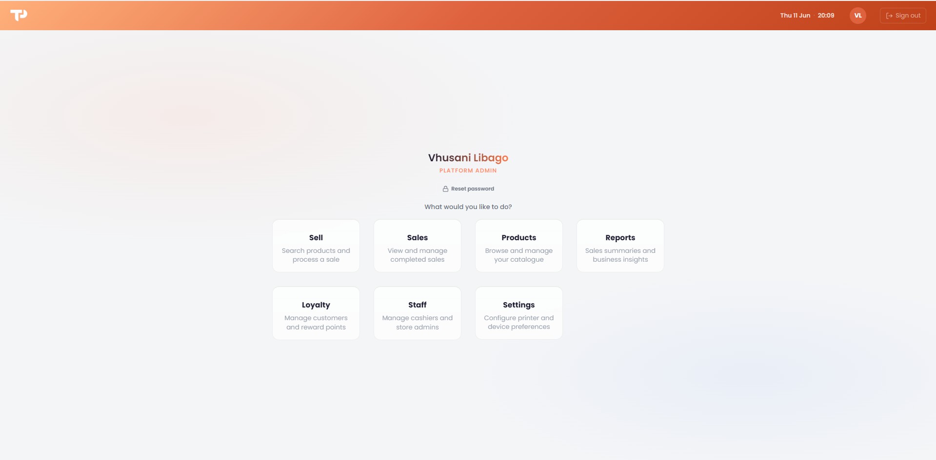 TillaPOS dashboard screen 1