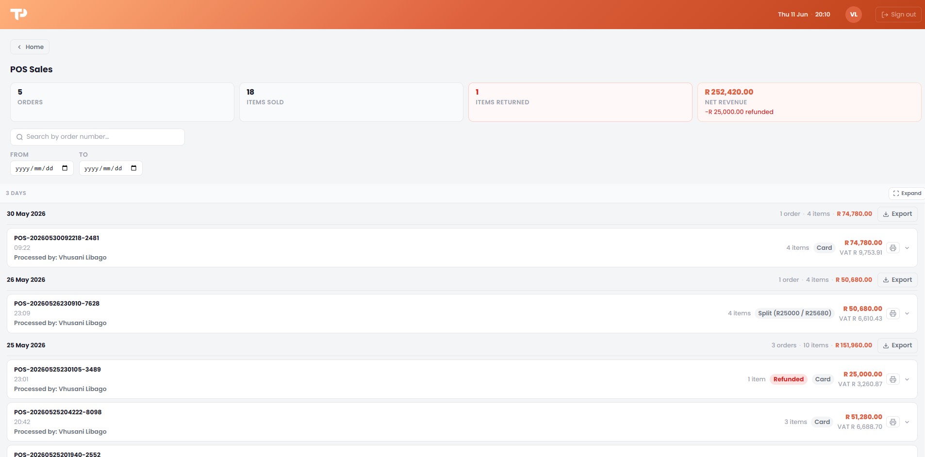 TillaPOS dashboard screen 2