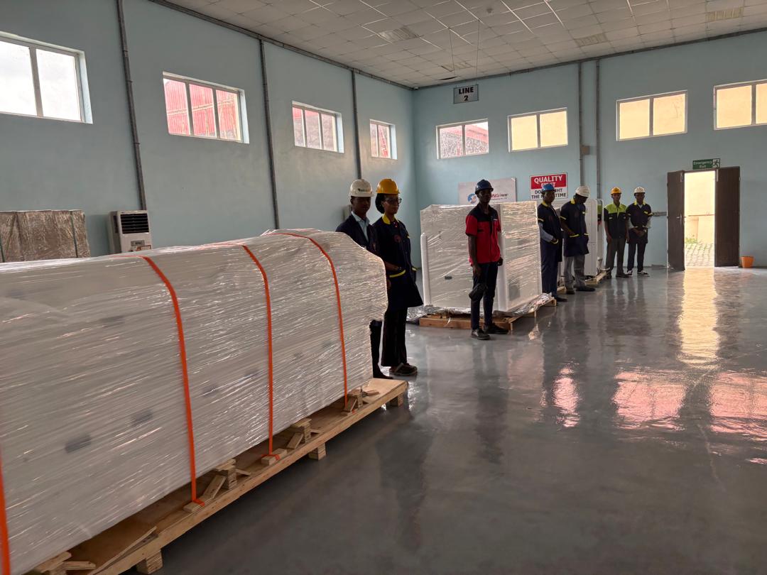Wrapped and palletised machines on the workshop delivery line