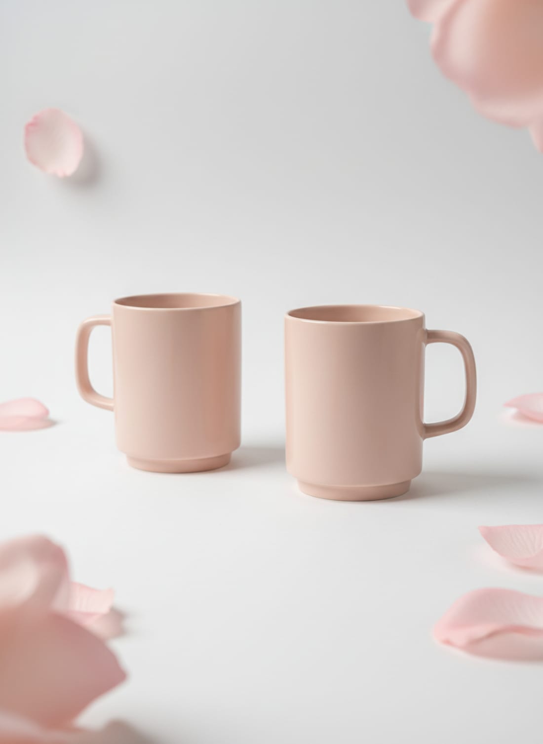 Set of two minimalist blush pink ceramic mugs for coffee and tea displayed on a white surface with pink rose petals.