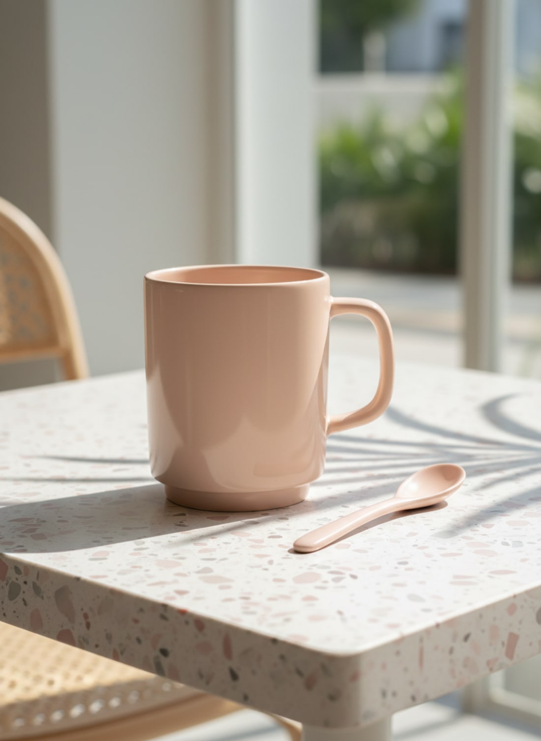 Blush pink ceramic coffee mug with matching spoon on a terrazzo table under natural sunlight with leaf shadows