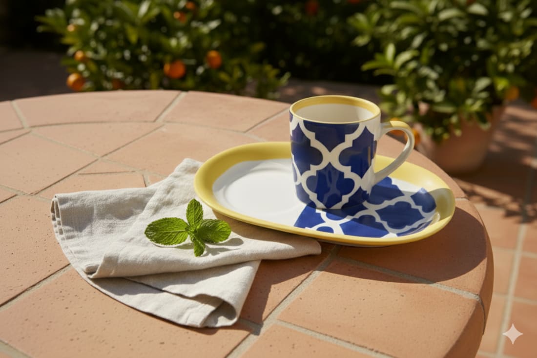 Handcrafted blue and white Moroccan lattice pattern ceramic coffee cup with an oval yellow-rimmed saucer on a terracotta table.