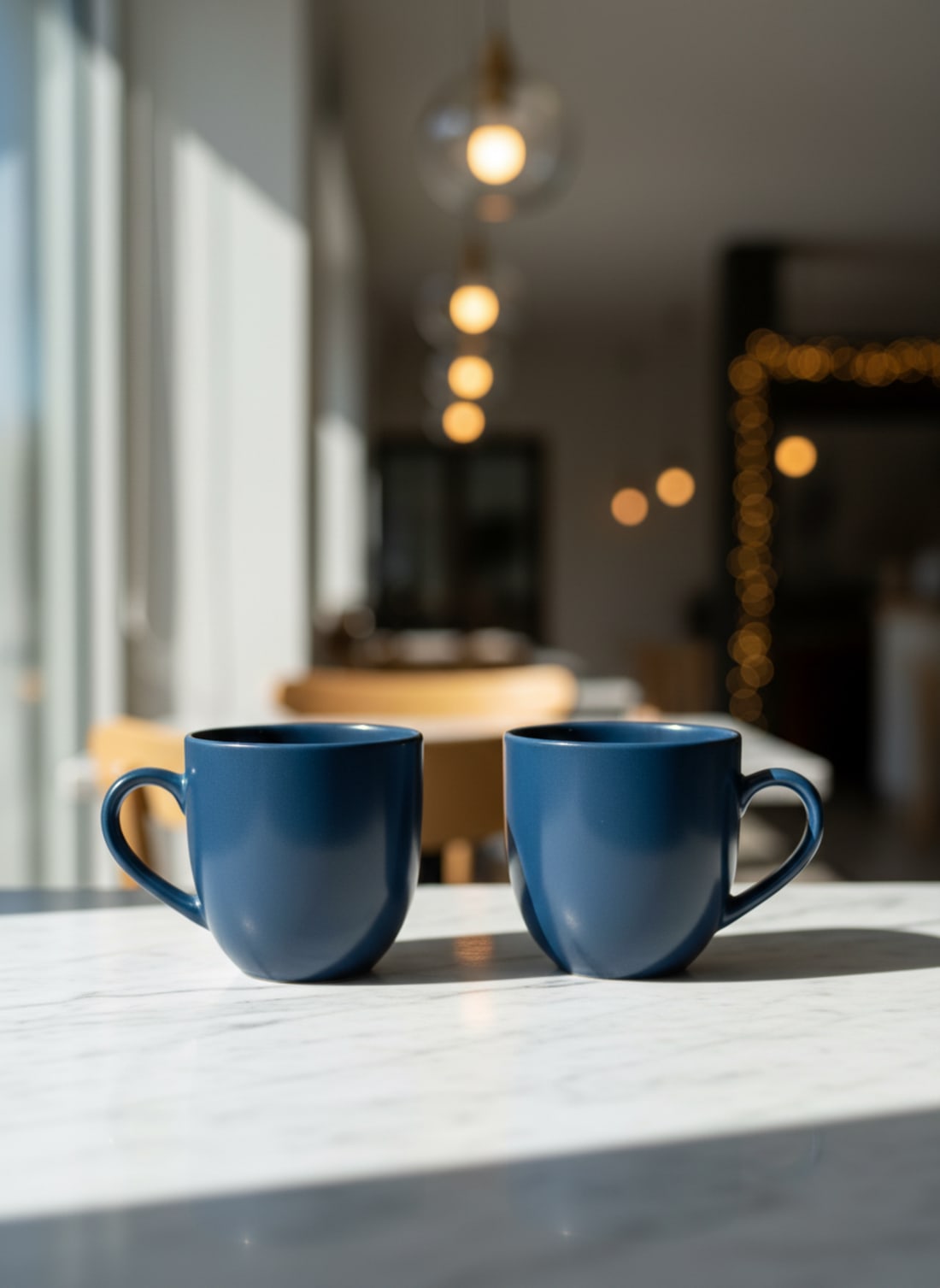 Premium glossy finish midnight blue ceramic mugs set of 2 on a marble countertop