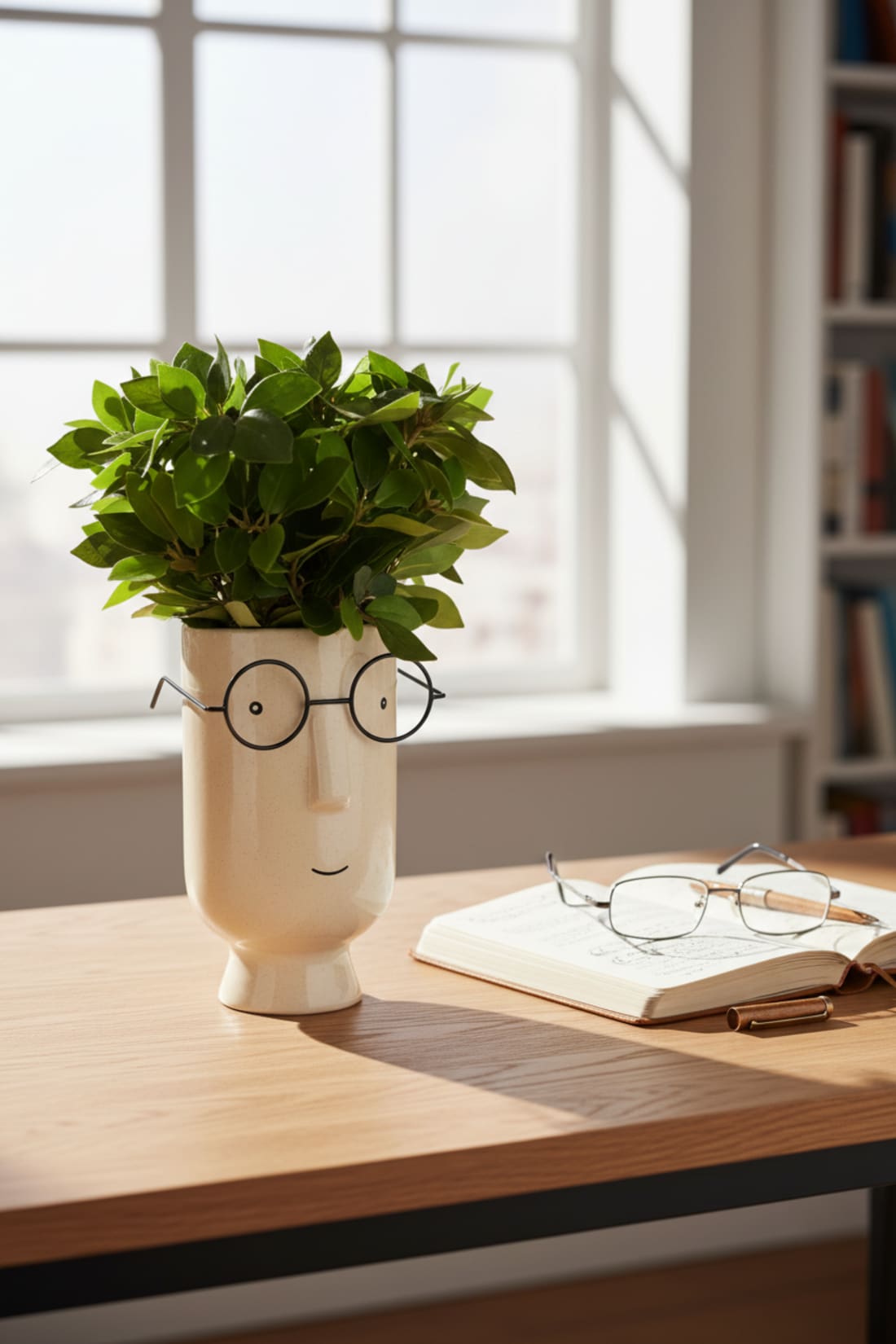 Handcrafted off-white ceramic planter with a minimalist face design and black wire-rimmed glasses on a wooden desk.