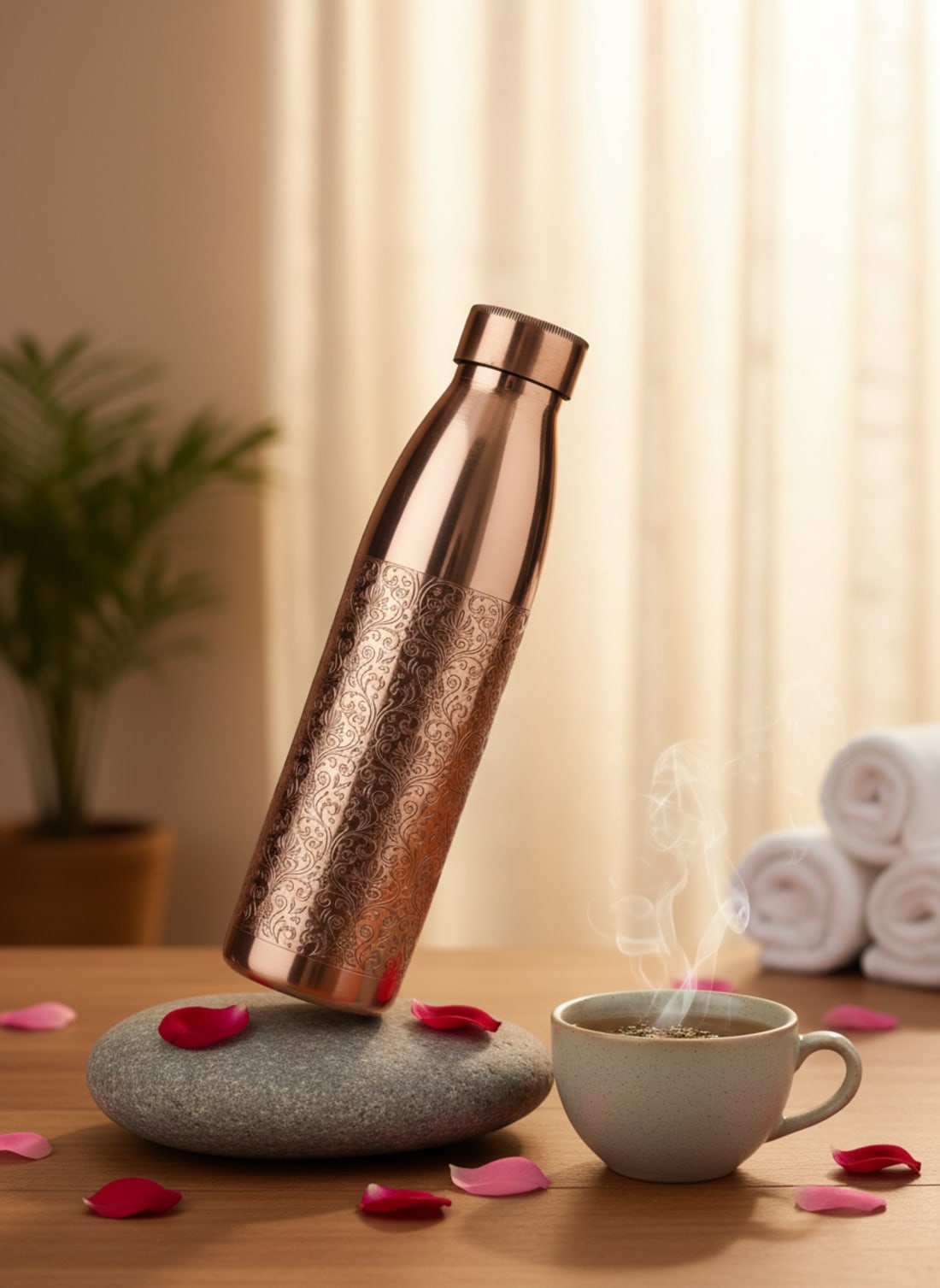 Artisan-crafted engraved copper water bottle with intricate floral design for Ayurvedic wellness benefits