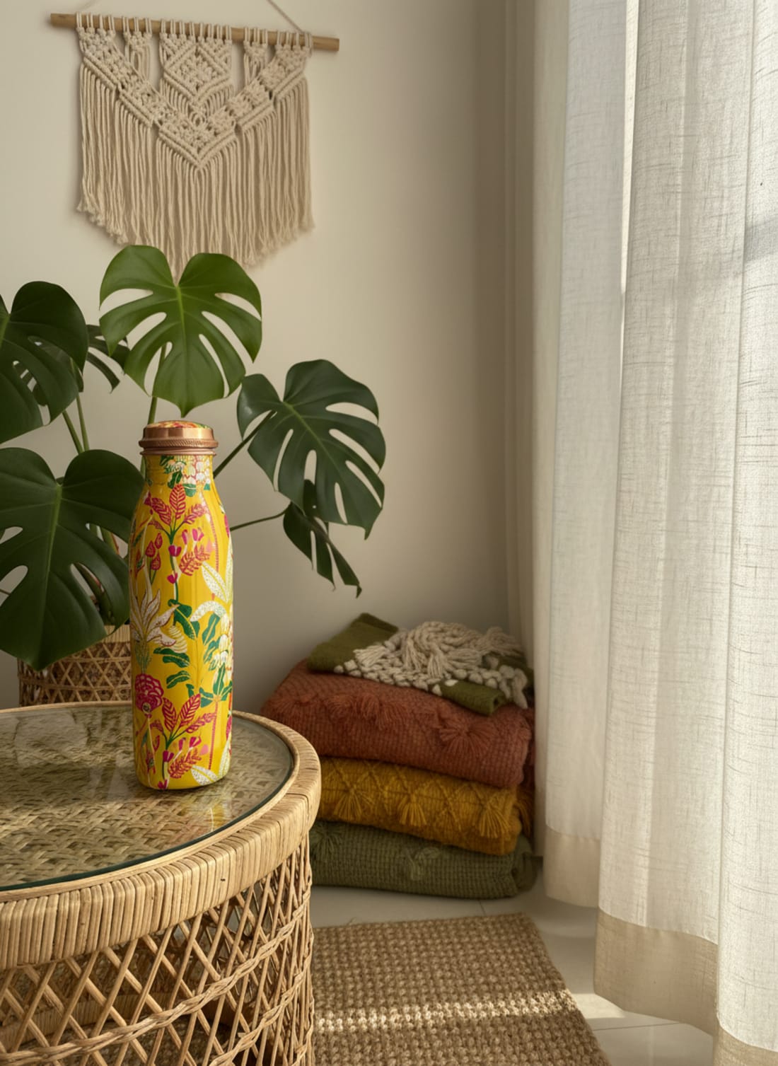 Vibrant hand-painted yellow copper water bottle with floral patterns on a wicker table