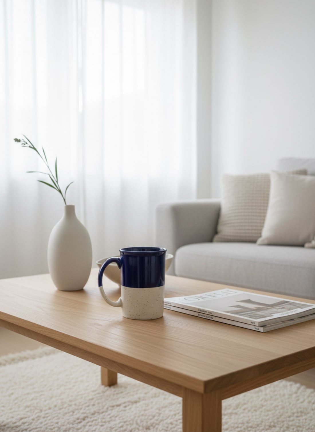 Handcrafted two-tone cobalt blue and speckled cream ceramic coffee mug on a modern wooden coffee table in a minimalist living room.