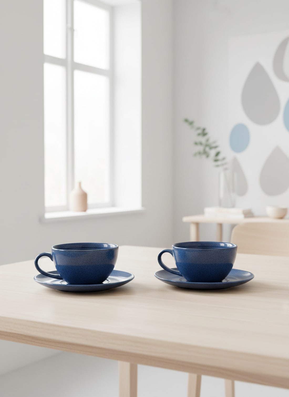 Two elegant navy blue ceramic teacups and saucers placed on a light-colored wooden table in a bright, modern minimalist interior.