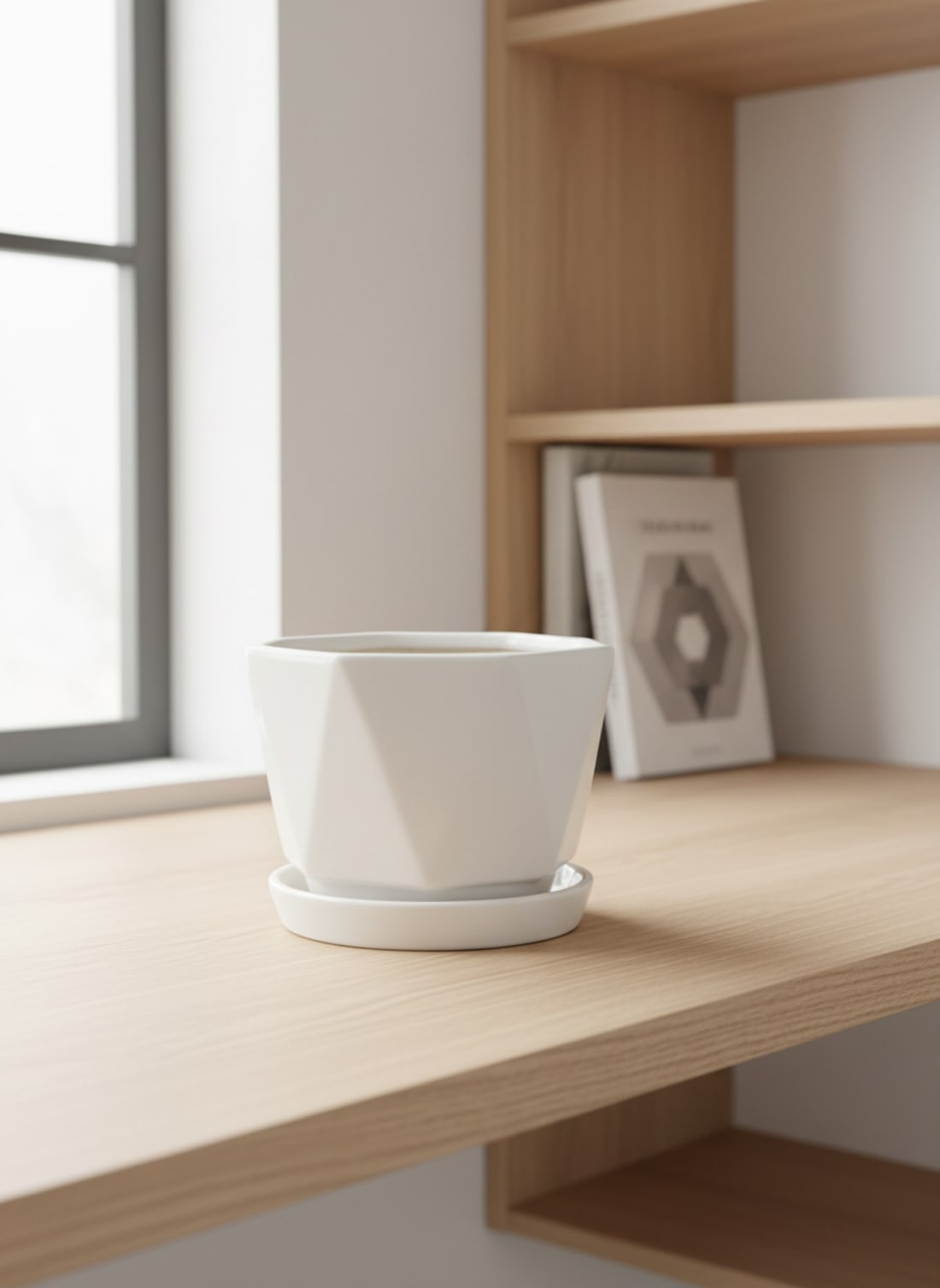 Modern white geometric ceramic planter on a wooden shelf near a window.