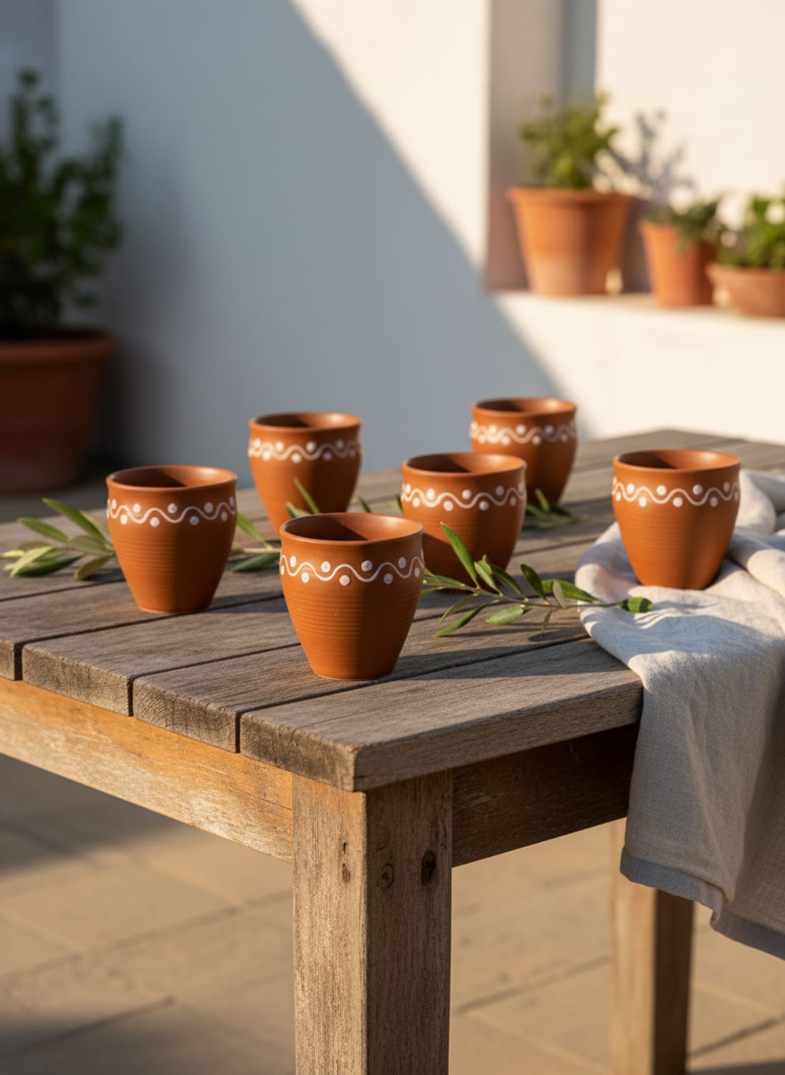 Set of six terracotta kulhads with white hand-painted patterns on a wooden outdoor table.