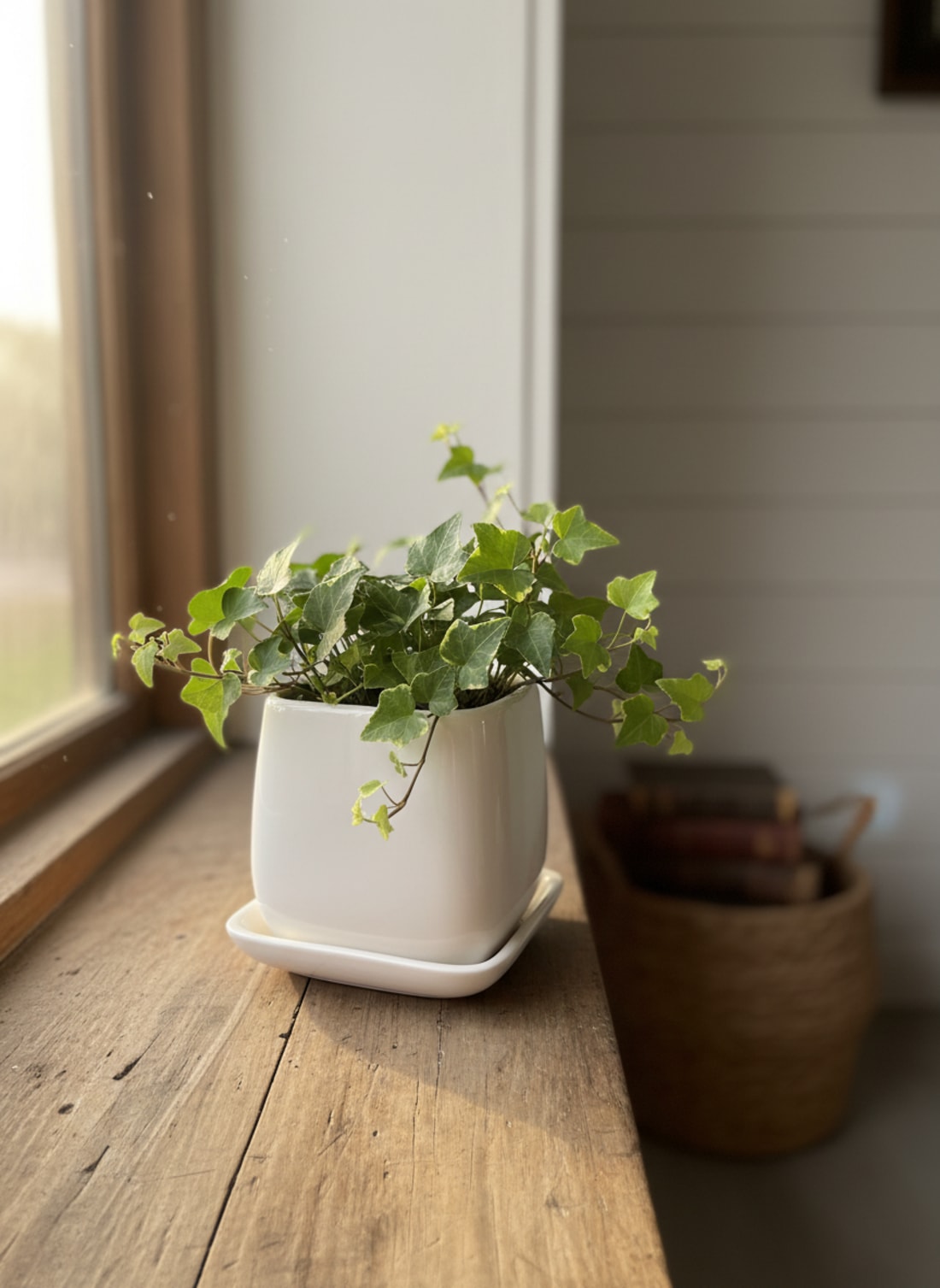 Modern square-shaped white ceramic planter with a matching tray holding a lush green ivy plant on a rustic wooden windowsill.