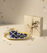 Moroccan Blue and Yellow Lattice Ceramic Coffee Mug with Oval Saucer Set — view 3