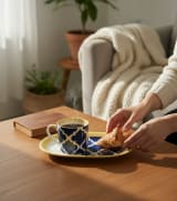 Moroccan Blue and Yellow Lattice Ceramic Coffee Mug with Oval Saucer Set — view 2