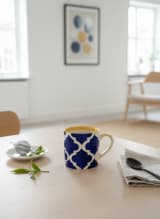 Moroccan Blue and Yellow Lattice Ceramic Coffee Mug with Oval Saucer Set — view 6