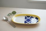 Moroccan Blue and Yellow Lattice Ceramic Coffee Mug with Oval Saucer Set — view 5