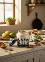 Artisanal Blue & White Palm Tree Hand-Painted Ceramic Pickle Jar with Lid — view 2