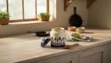 Artisanal Blue & White Palm Tree Hand-Painted Ceramic Pickle Jar with Lid — view 1