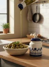 Artisanal Blue & White Palm Tree Hand-Painted Ceramic Pickle Jar with Lid — view 4
